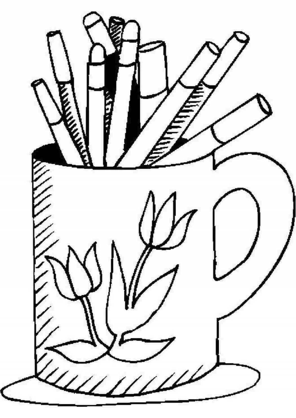 Intricate glass coloring page with crayons