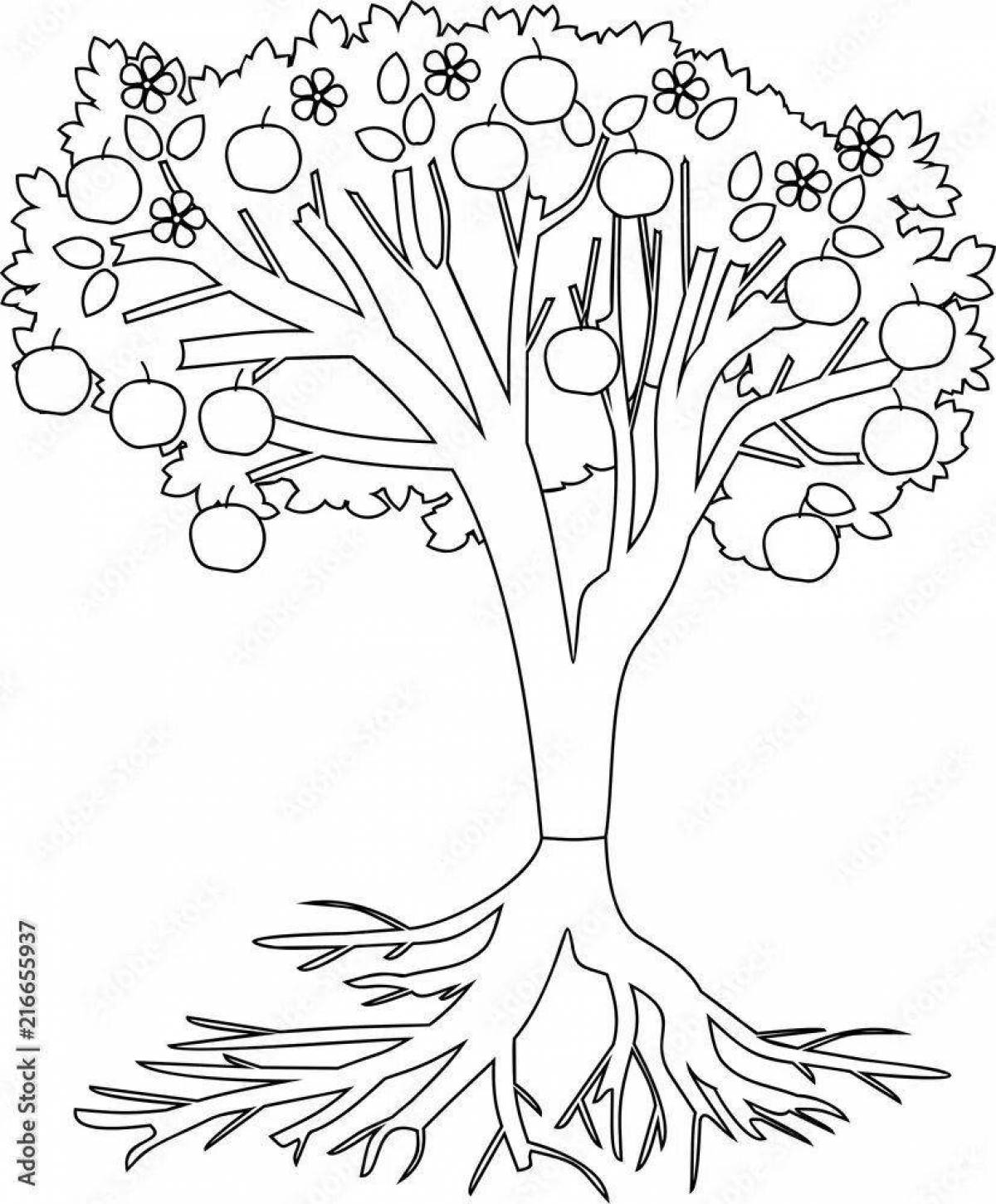 Изящная раскраска дерево с корнями