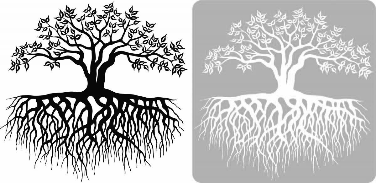 Яркая раскраска дерево с корнями