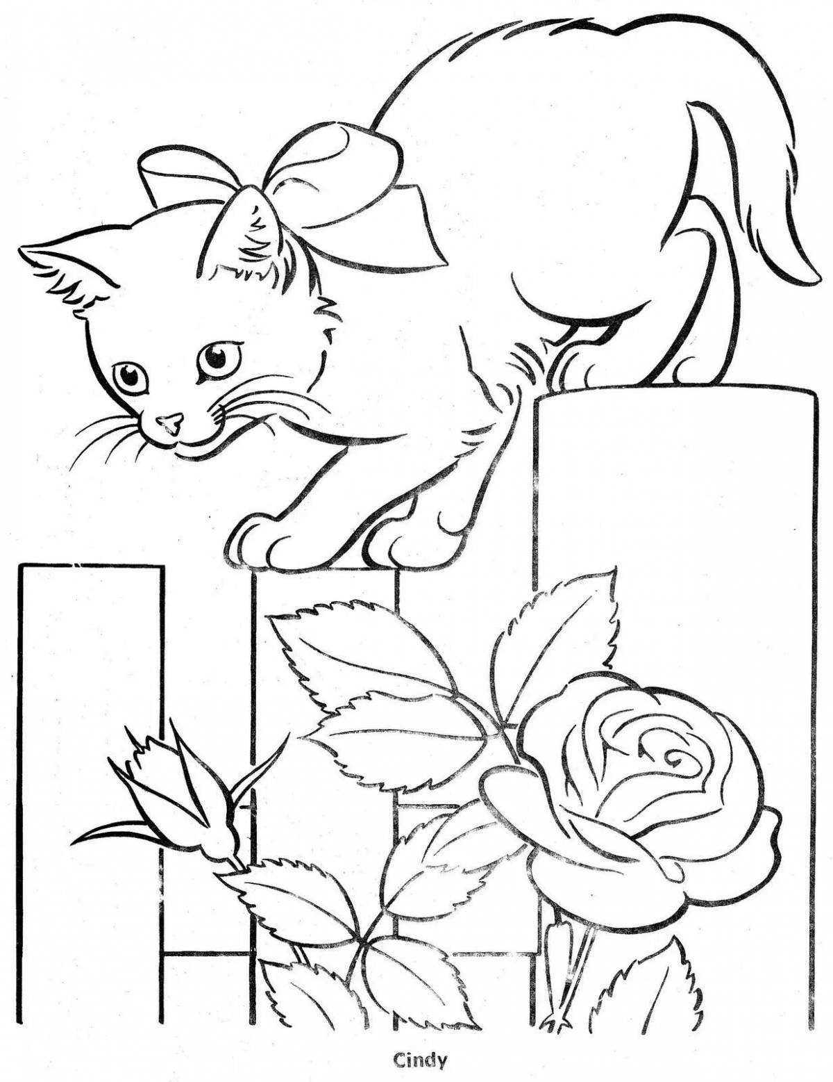 Раскраска милый котенок с цветами