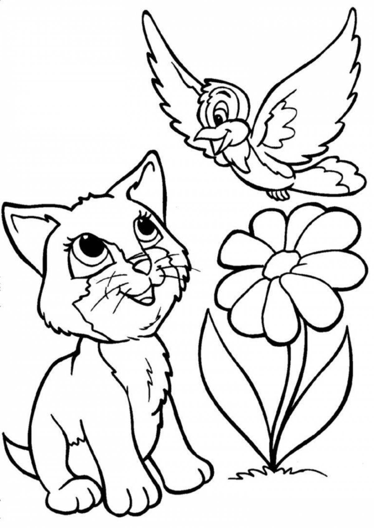 Раскраска веселый котенок с цветами