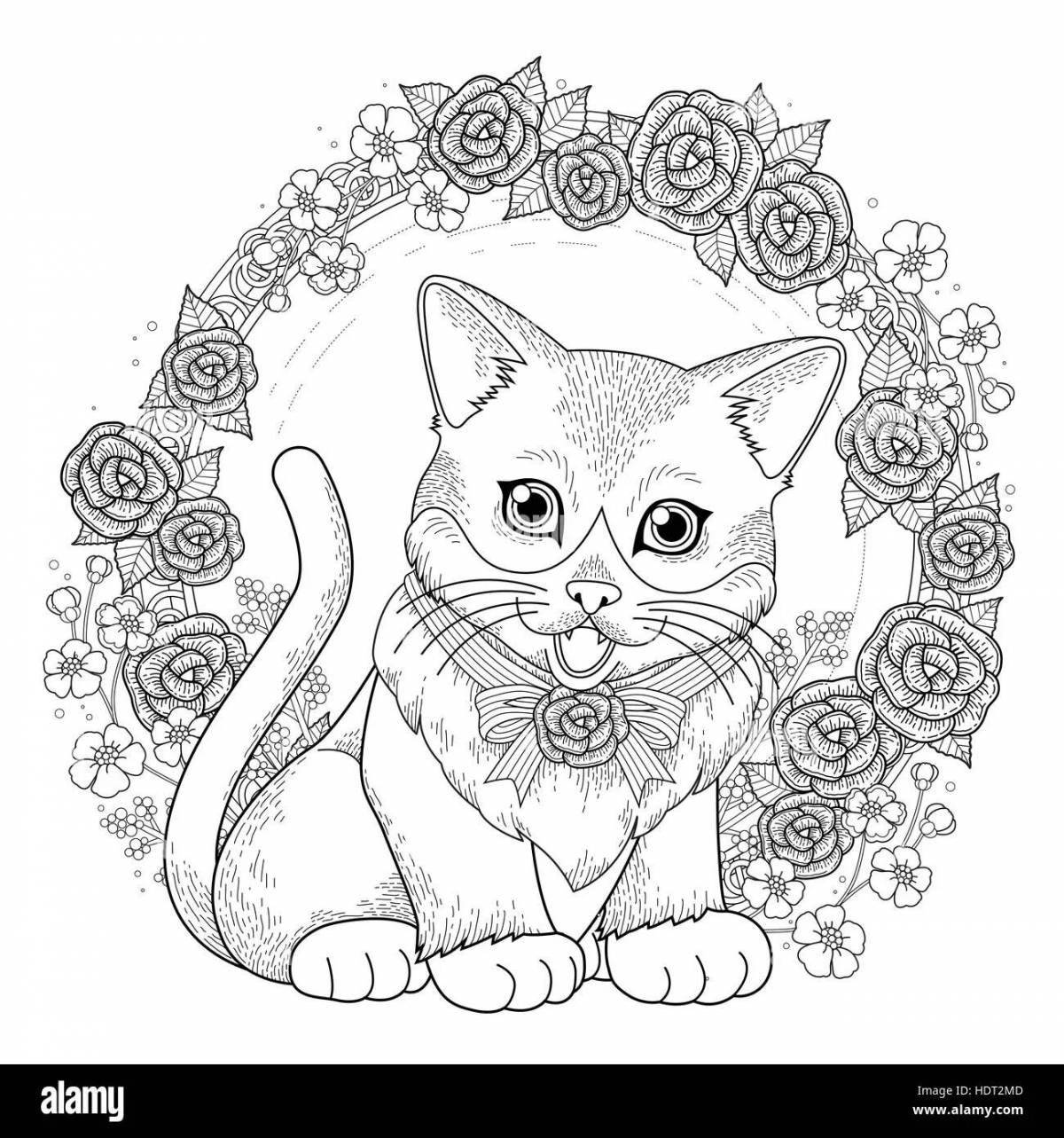 Раскраска причудливый котенок с цветами