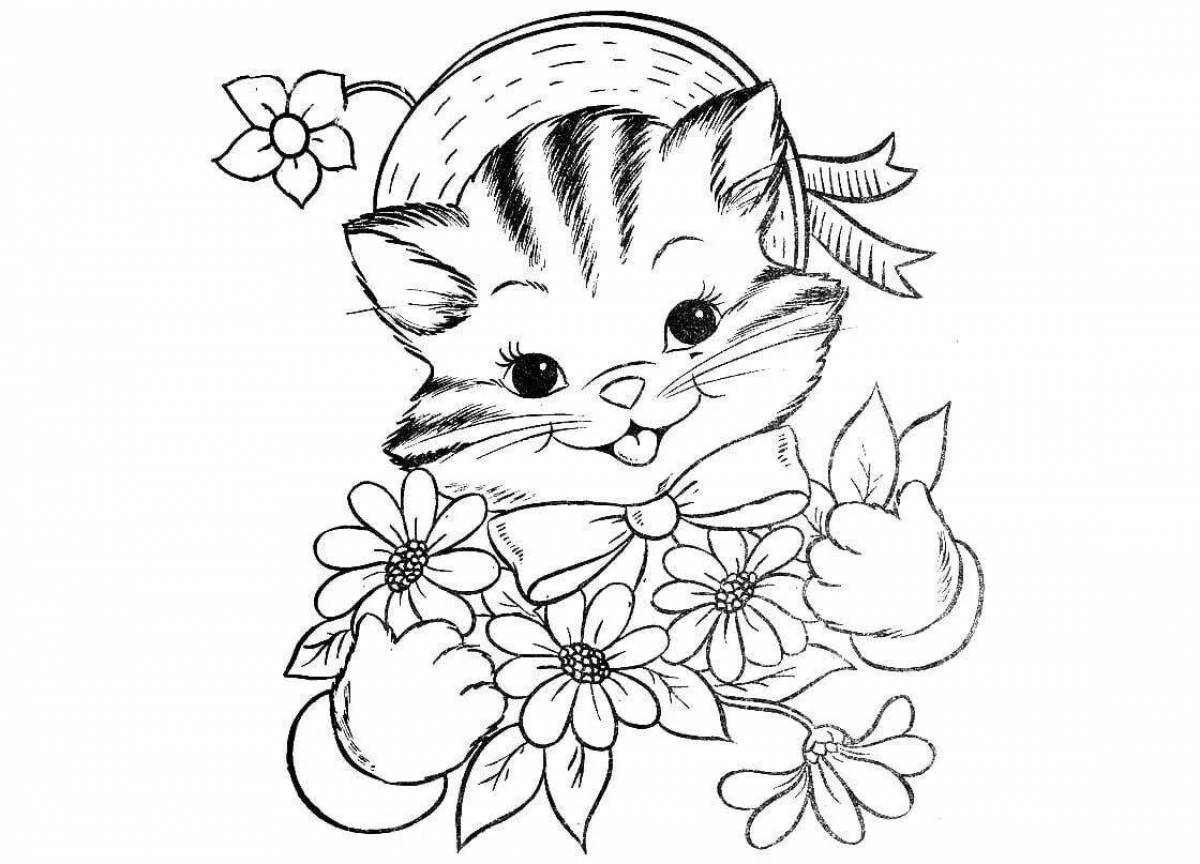 Раскраска пушистый котенок с цветами