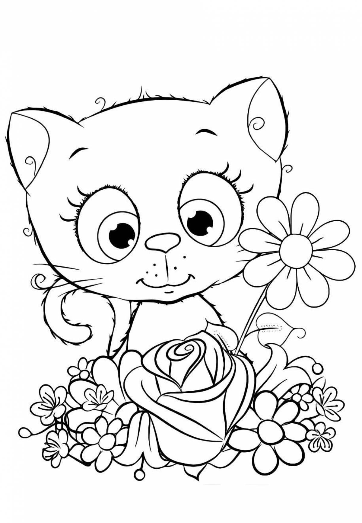 Раскраска дружелюбный котенок с цветами