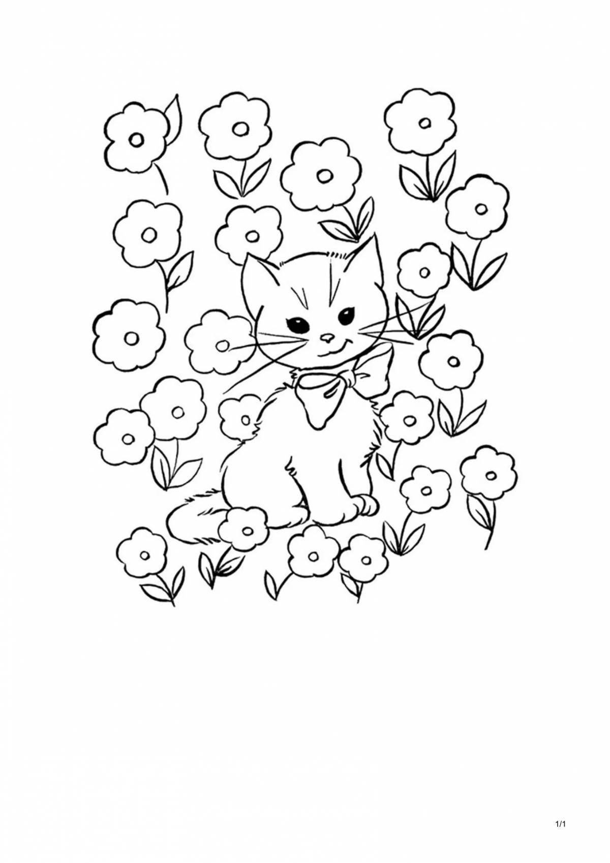 Раскраска забавный котенок с цветами