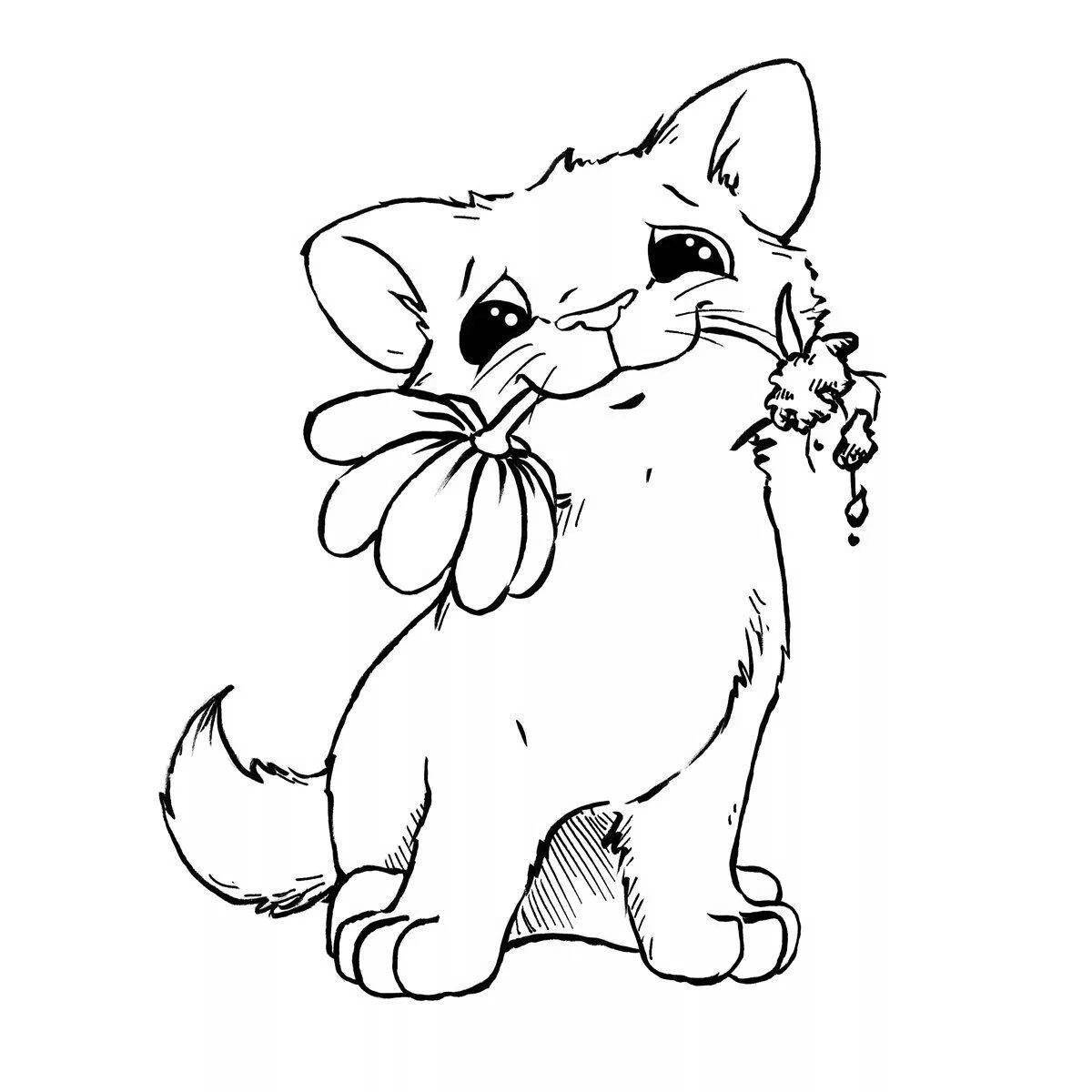 Раскраска giggly kitten with flowers