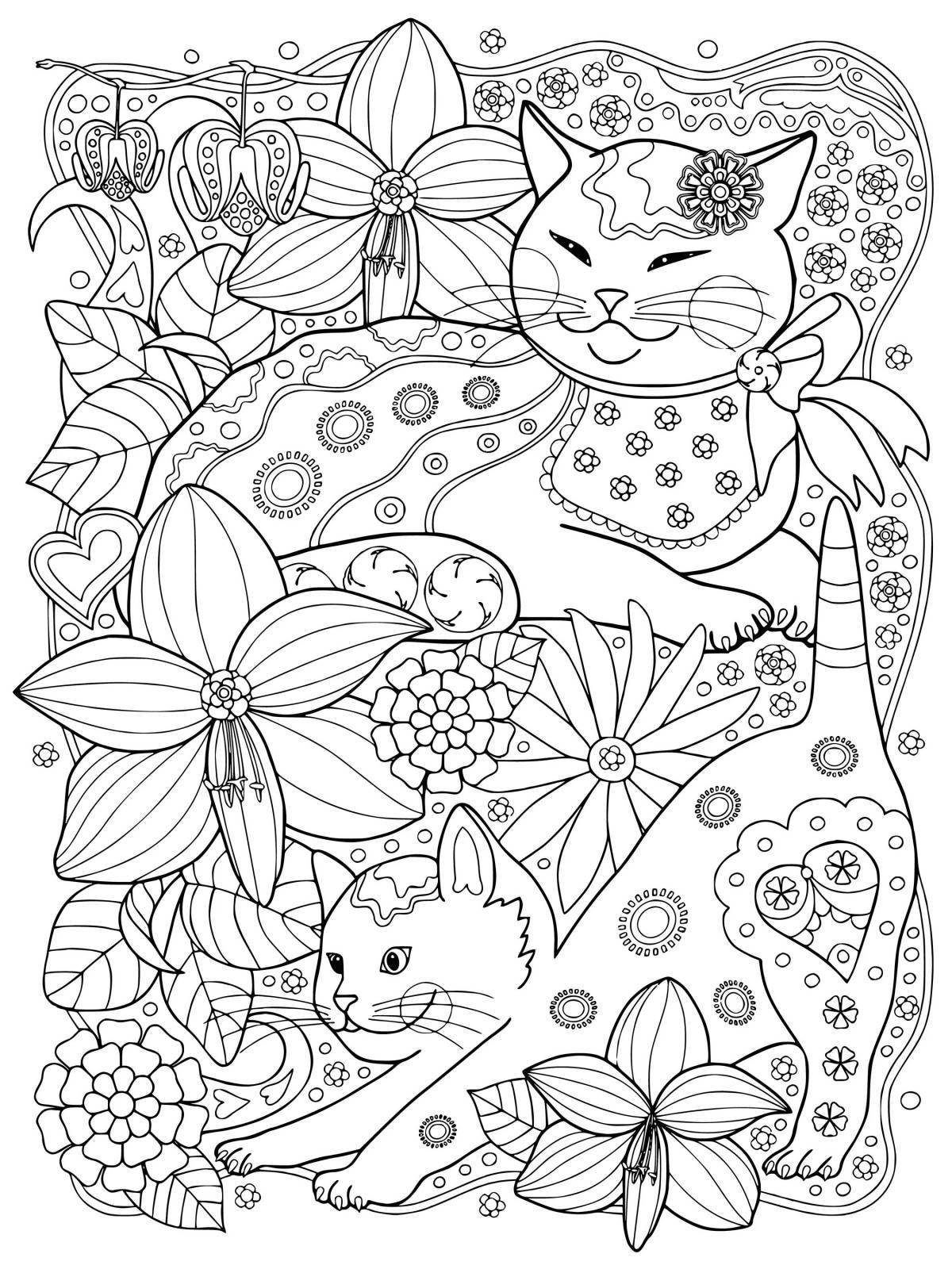Раскраска изящный котенок с цветами