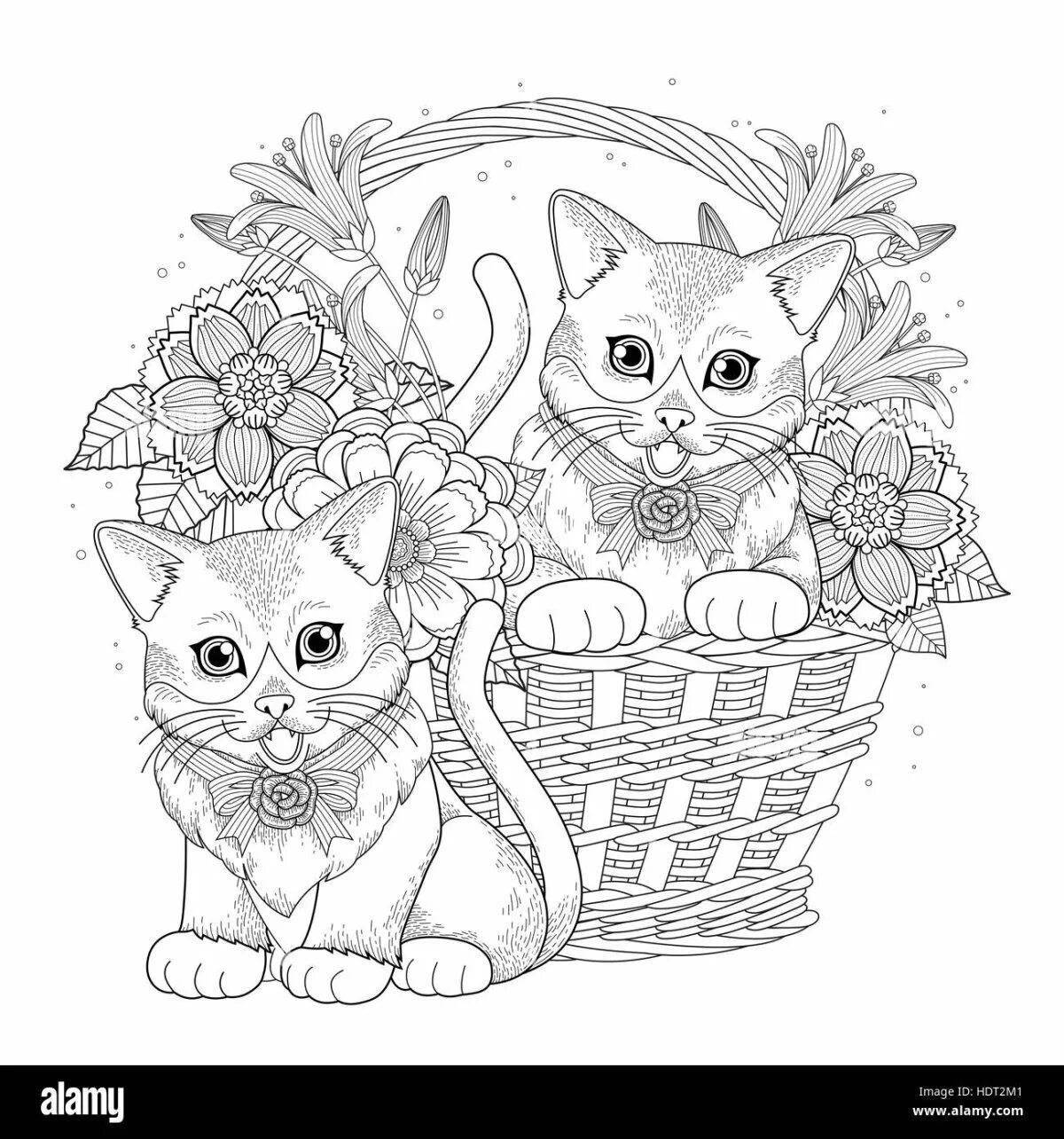 Раскраска счастливый котенок с цветами