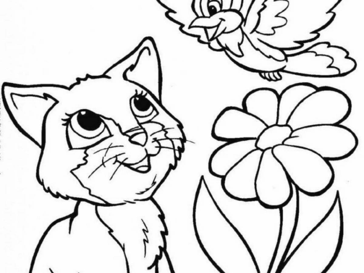Раскраска озорной котенок с цветами