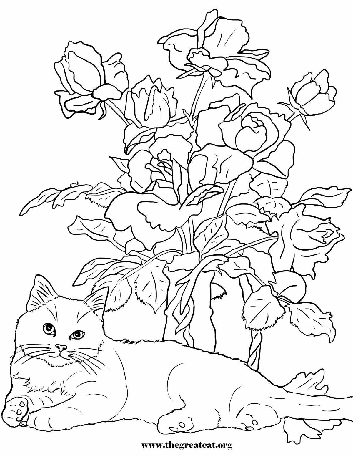 Раскраска расслабленный котенок с цветами