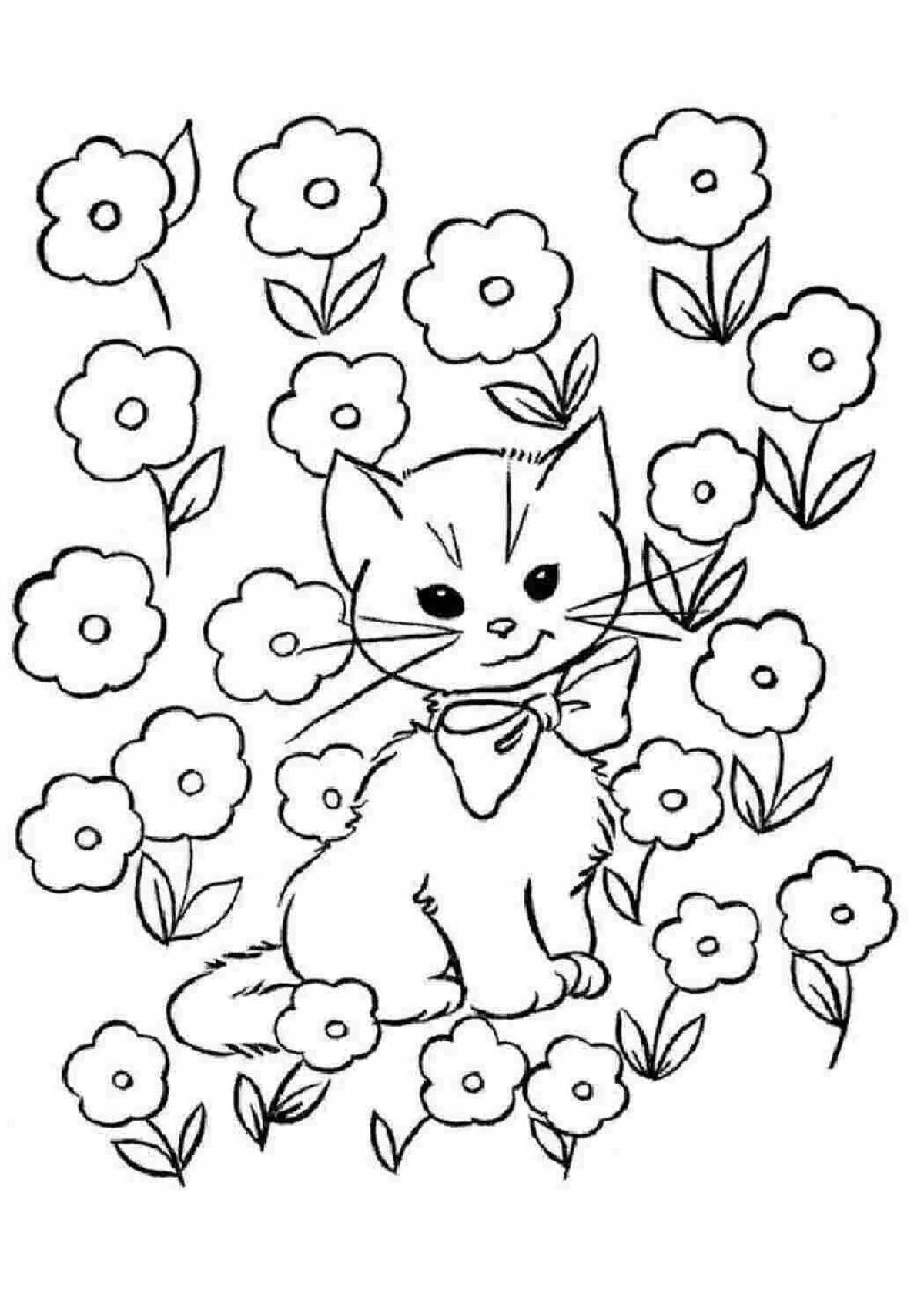 Раскраска улыбающийся котенок с цветами