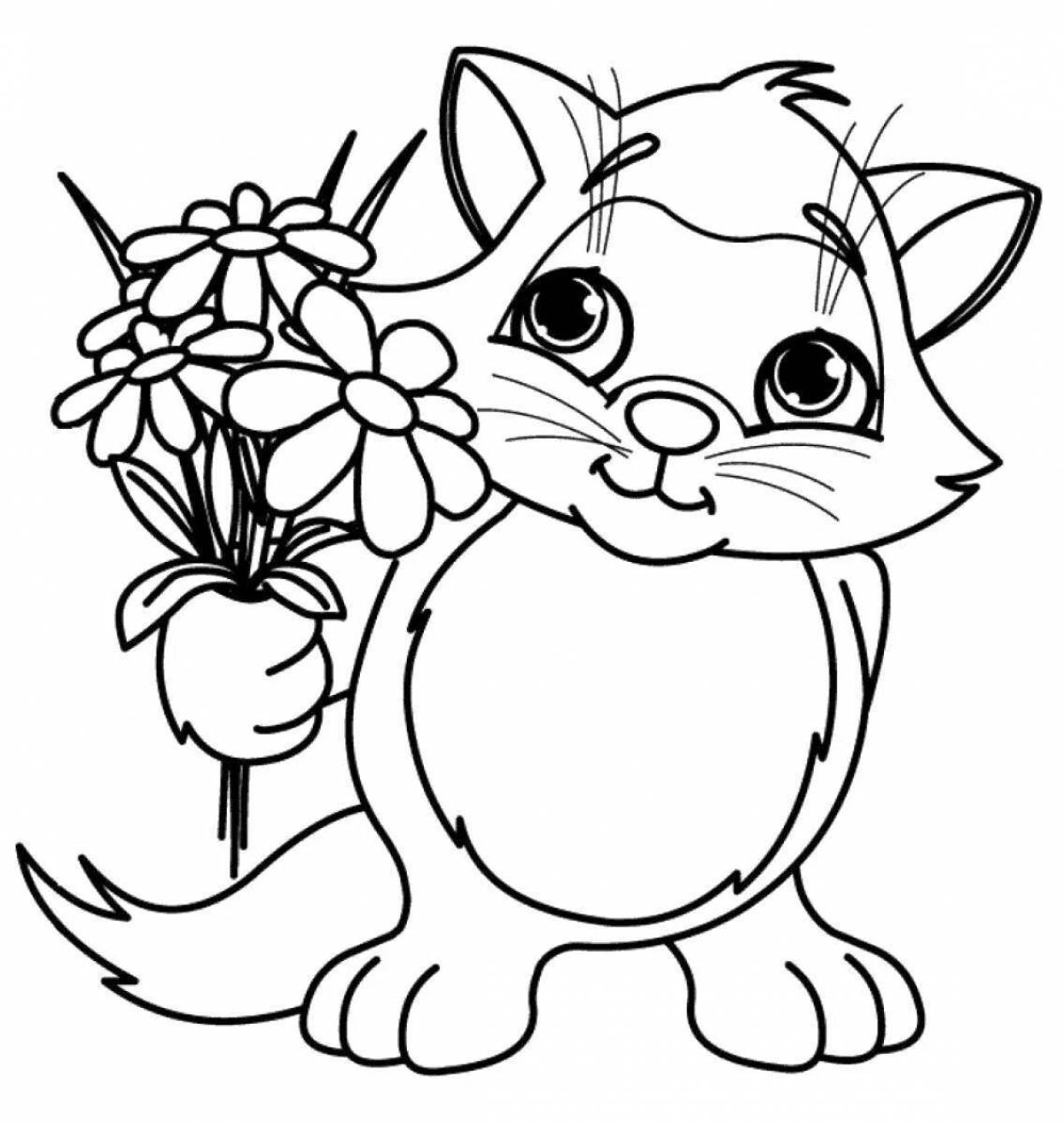 Раскраска нежный котенок с цветами