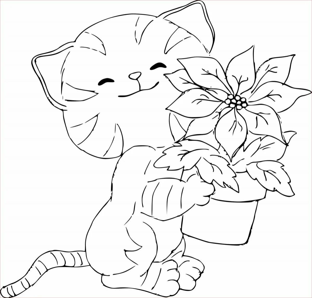 Раскраска яркий котенок с цветами