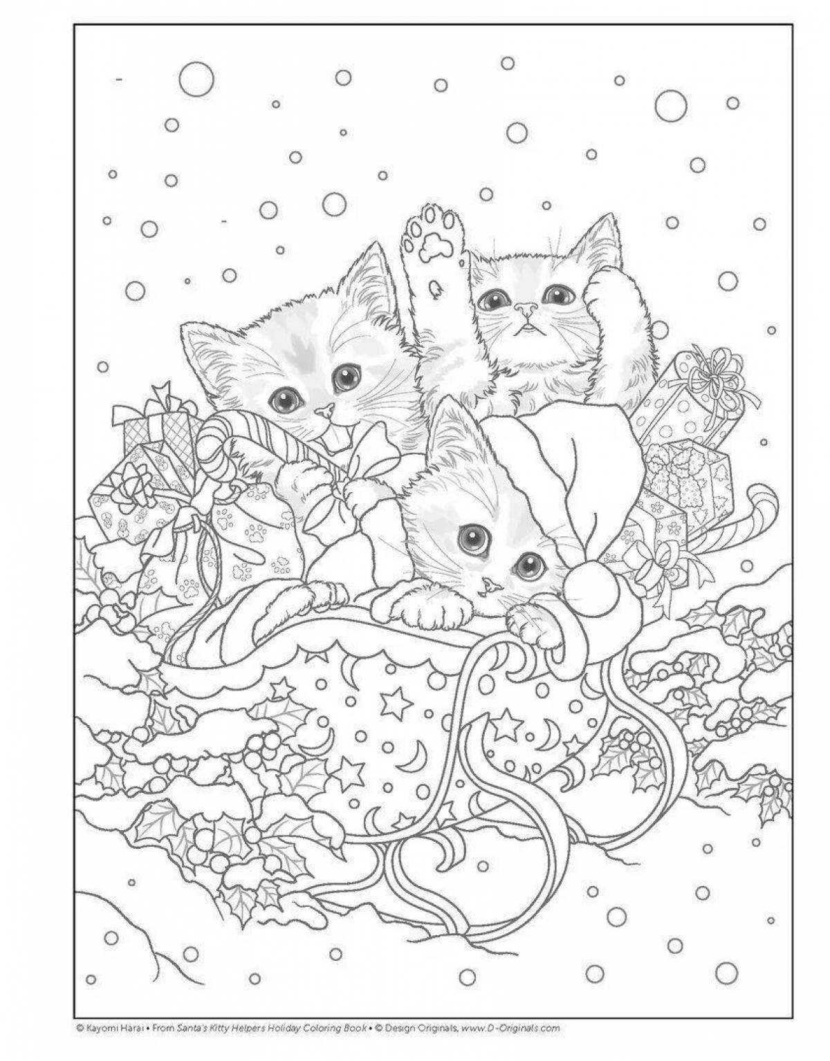 Coloring playful christmas kittens