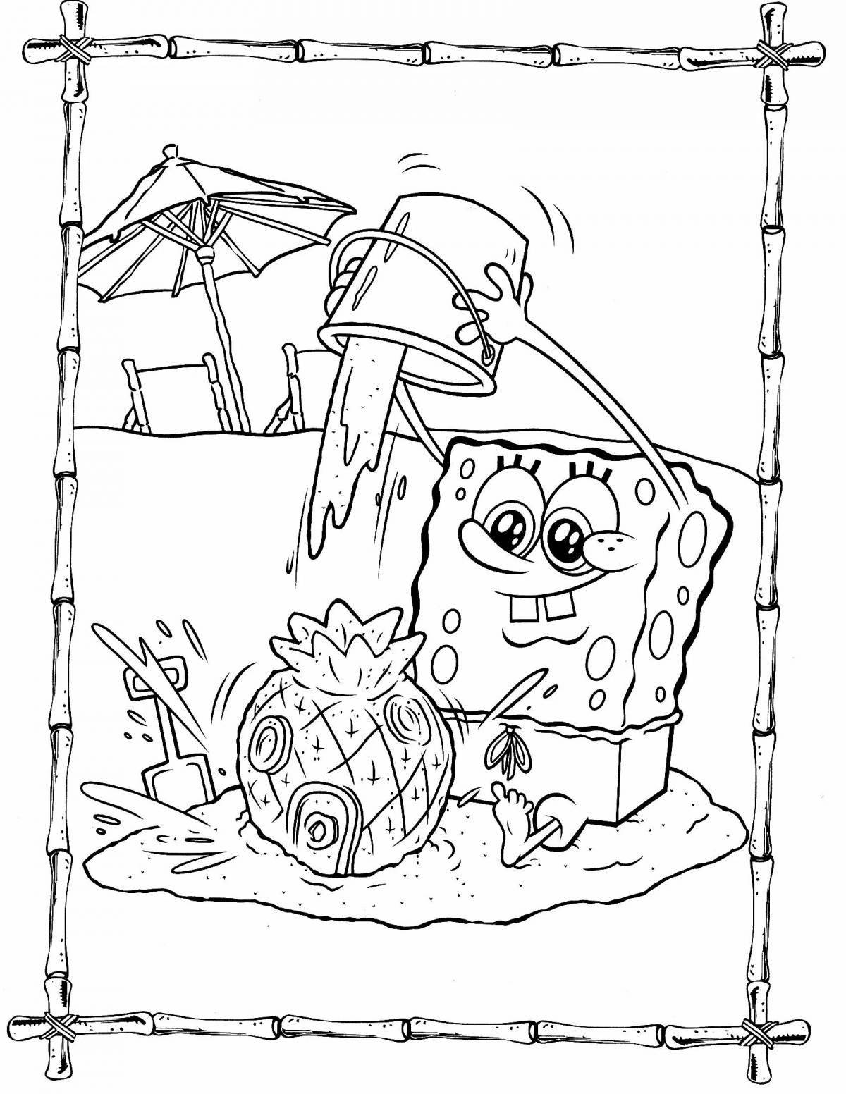 Spongebob coloring page with colored splashes