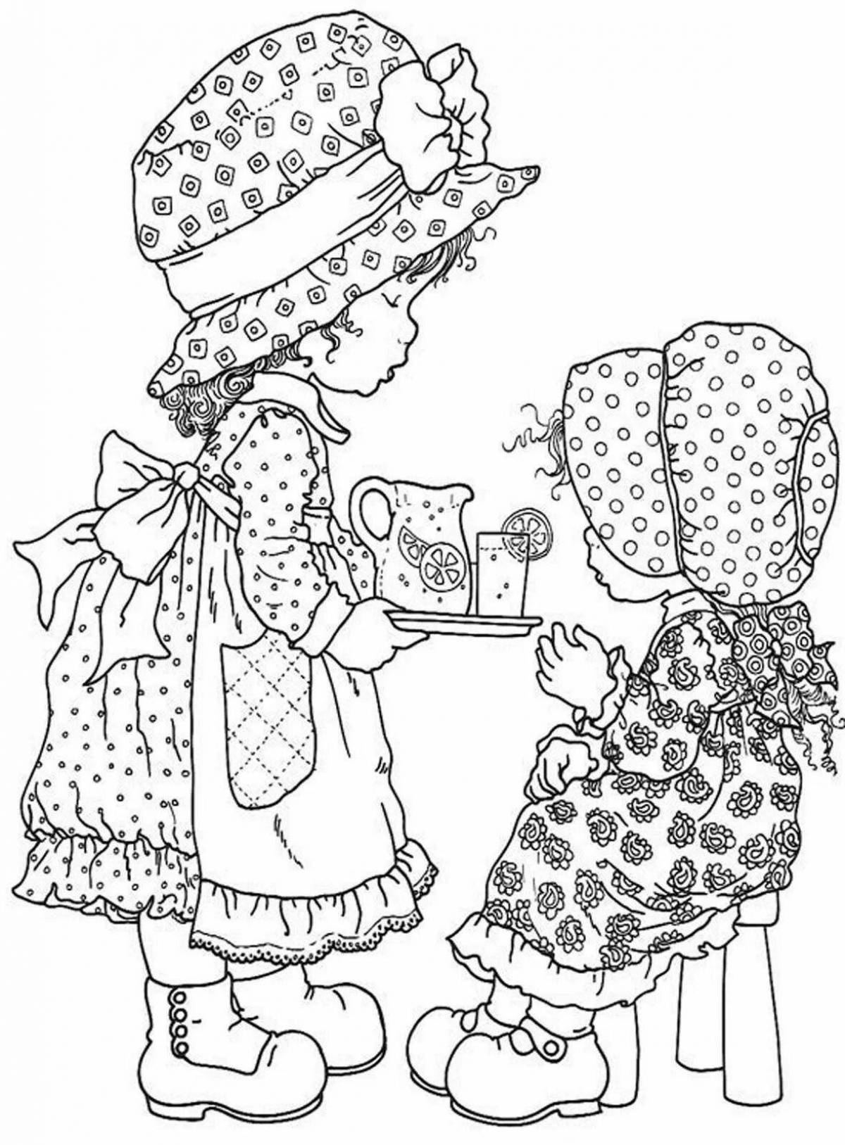 Playful girls drinks coloring page