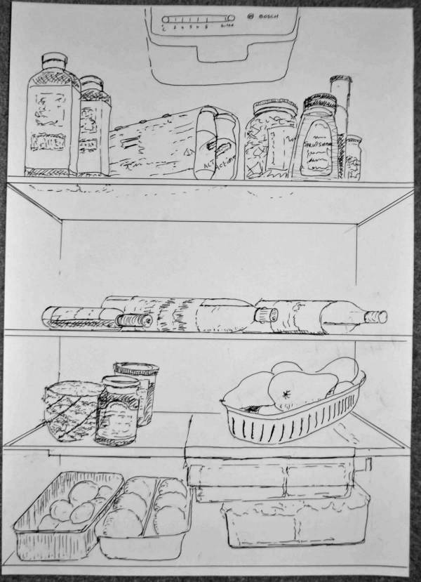 Открытый холодильник с продуктами рисунок карандашом