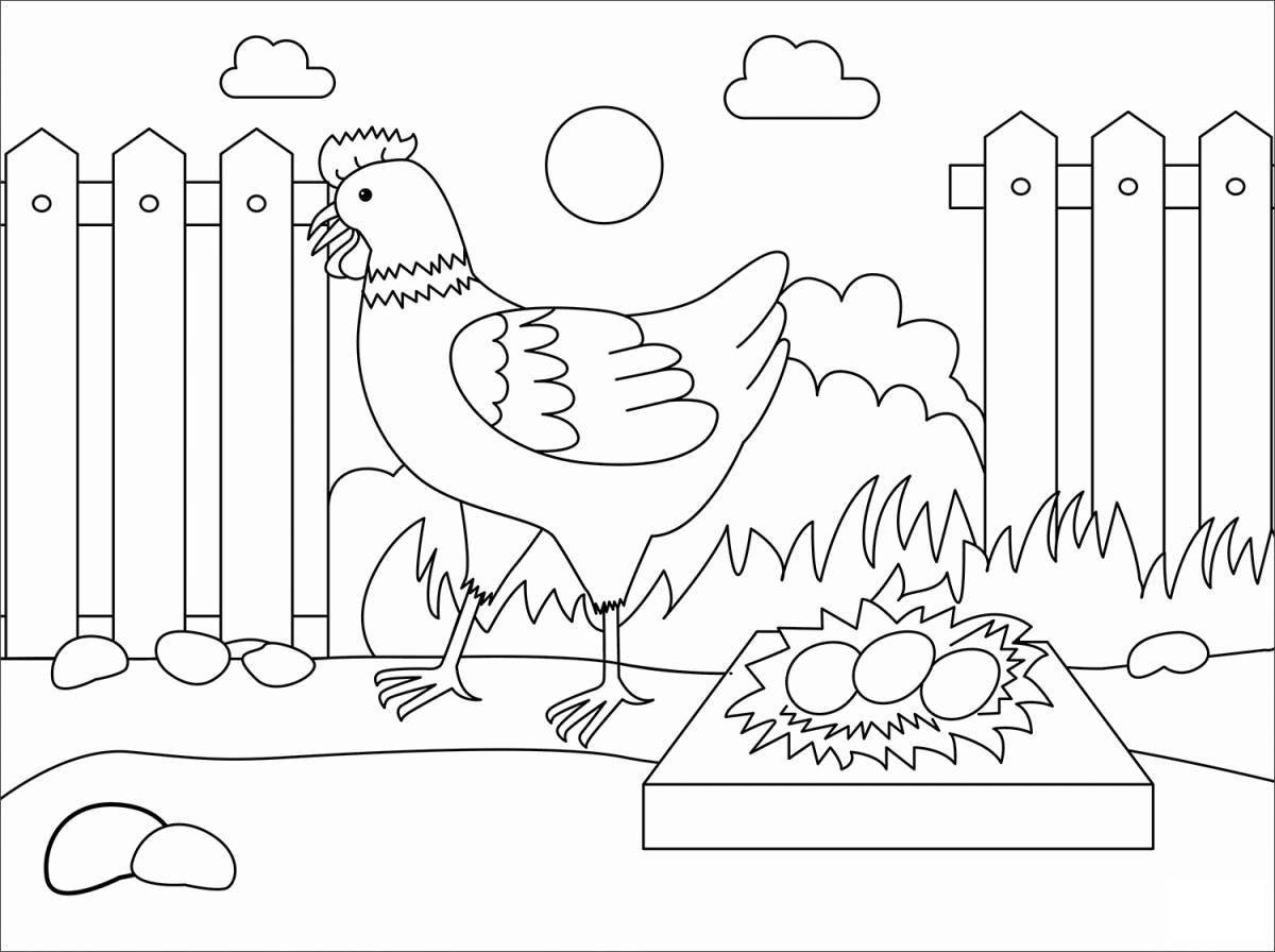 Colorful chicken coop coloring page for kids