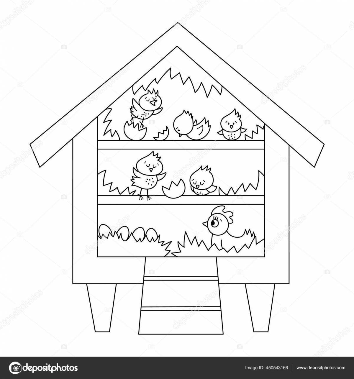 Happy chicken coop coloring for preschoolers