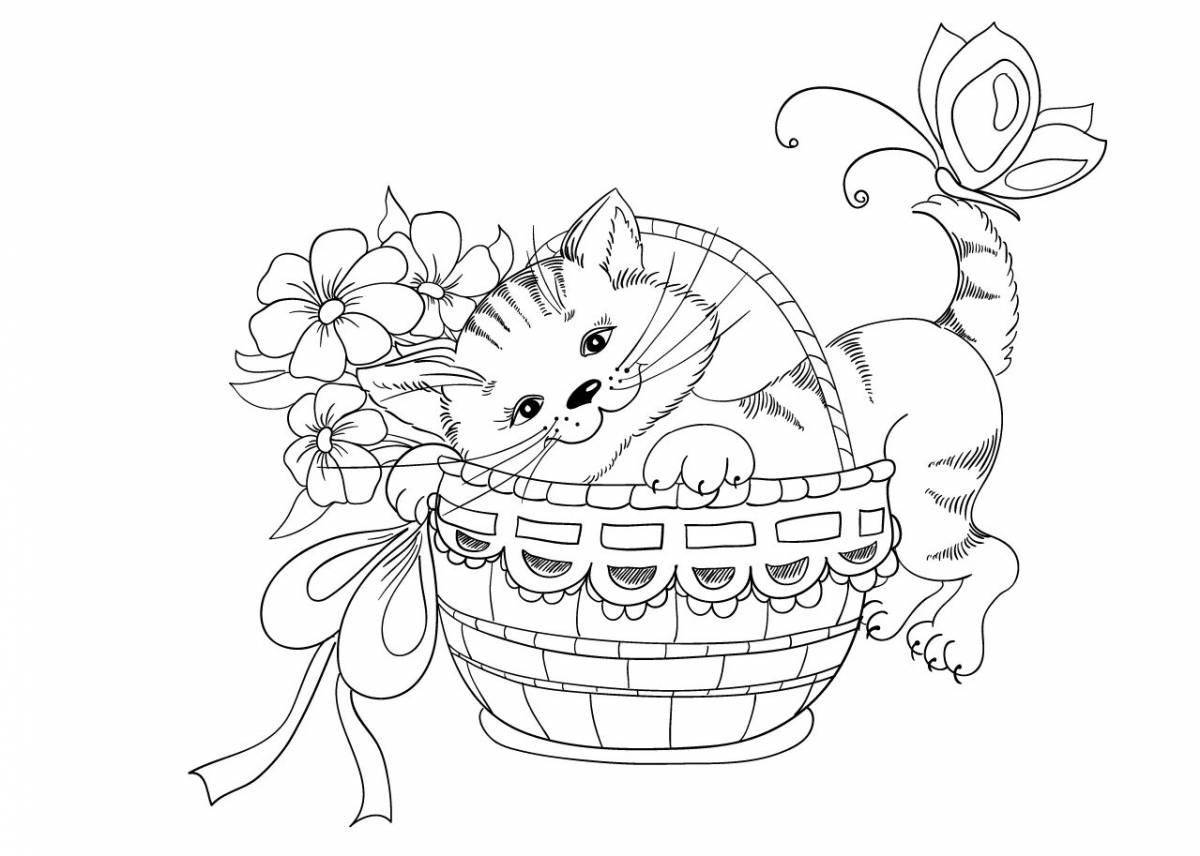 Adorable cat in a basket coloring book