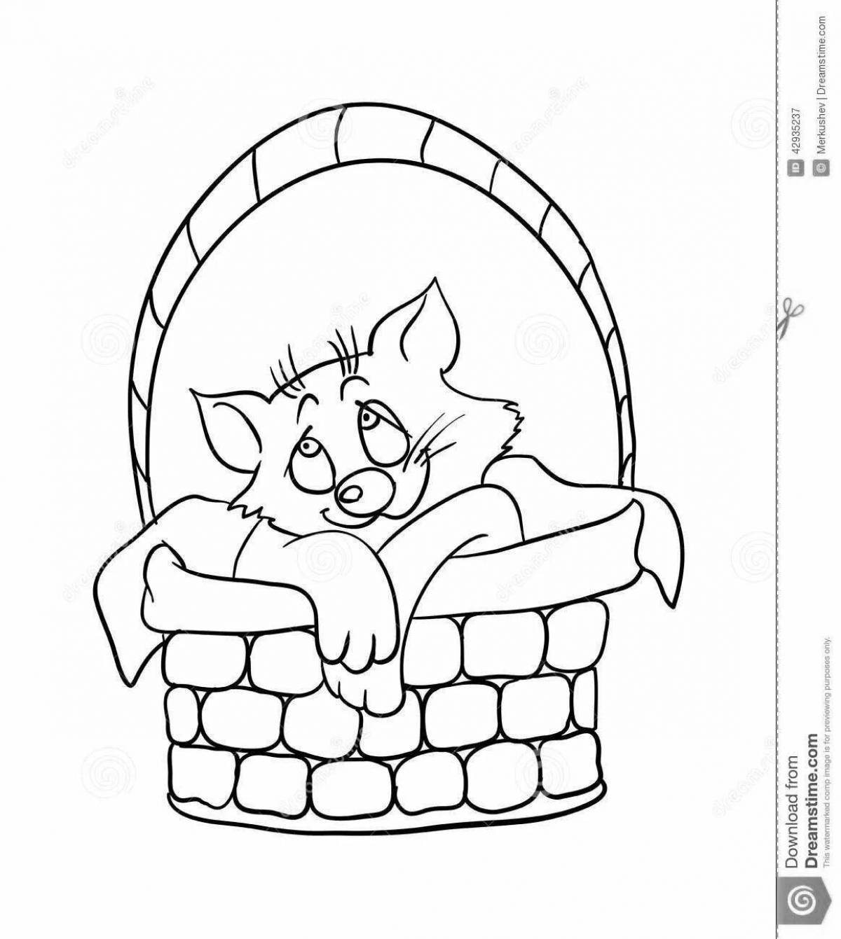 Coloring page fluffy cat in a basket