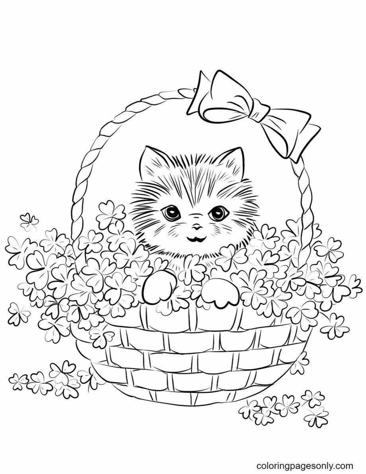 Coloring page loving cat in a basket