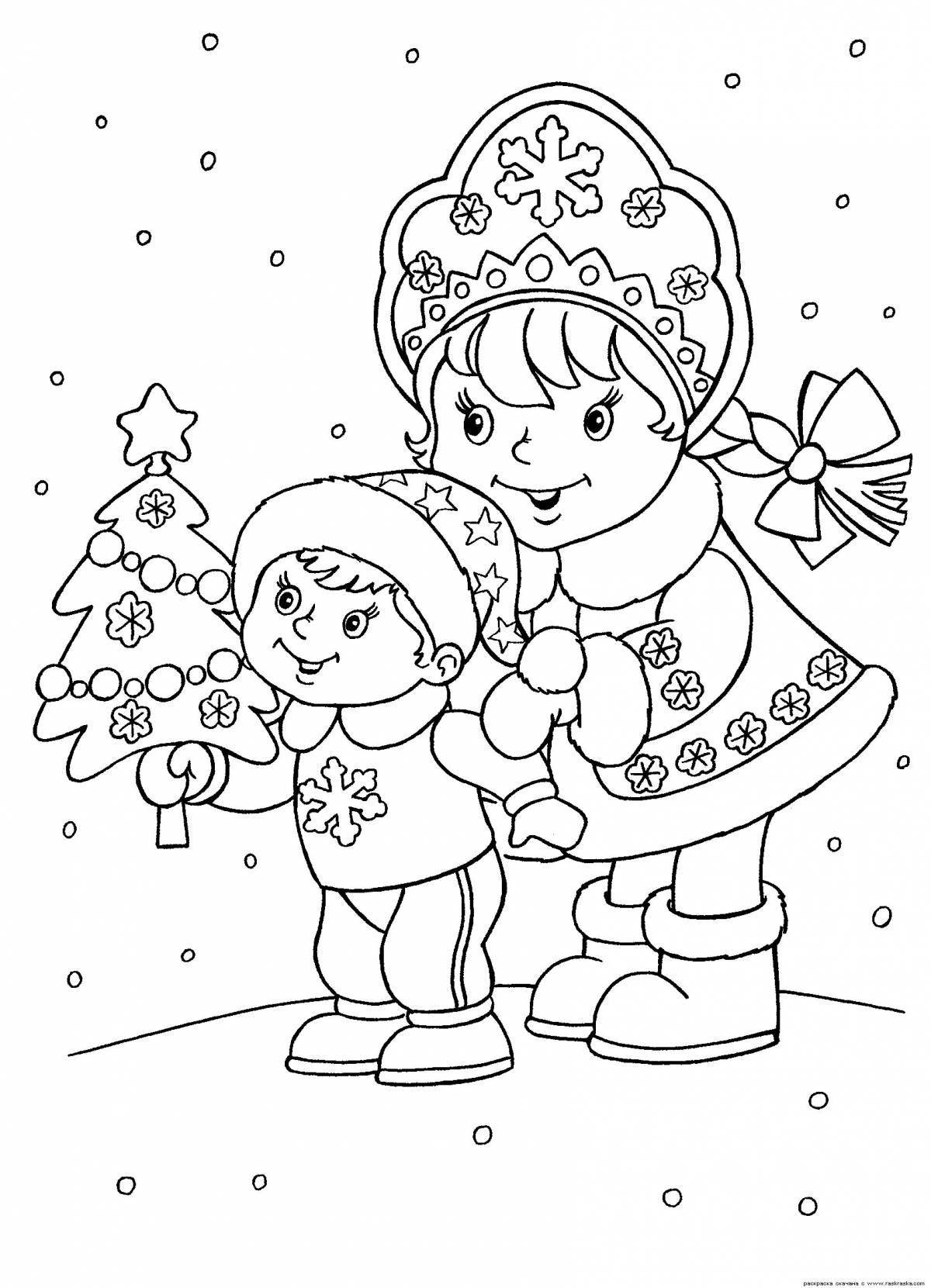 Cute coloring tree and snow maiden