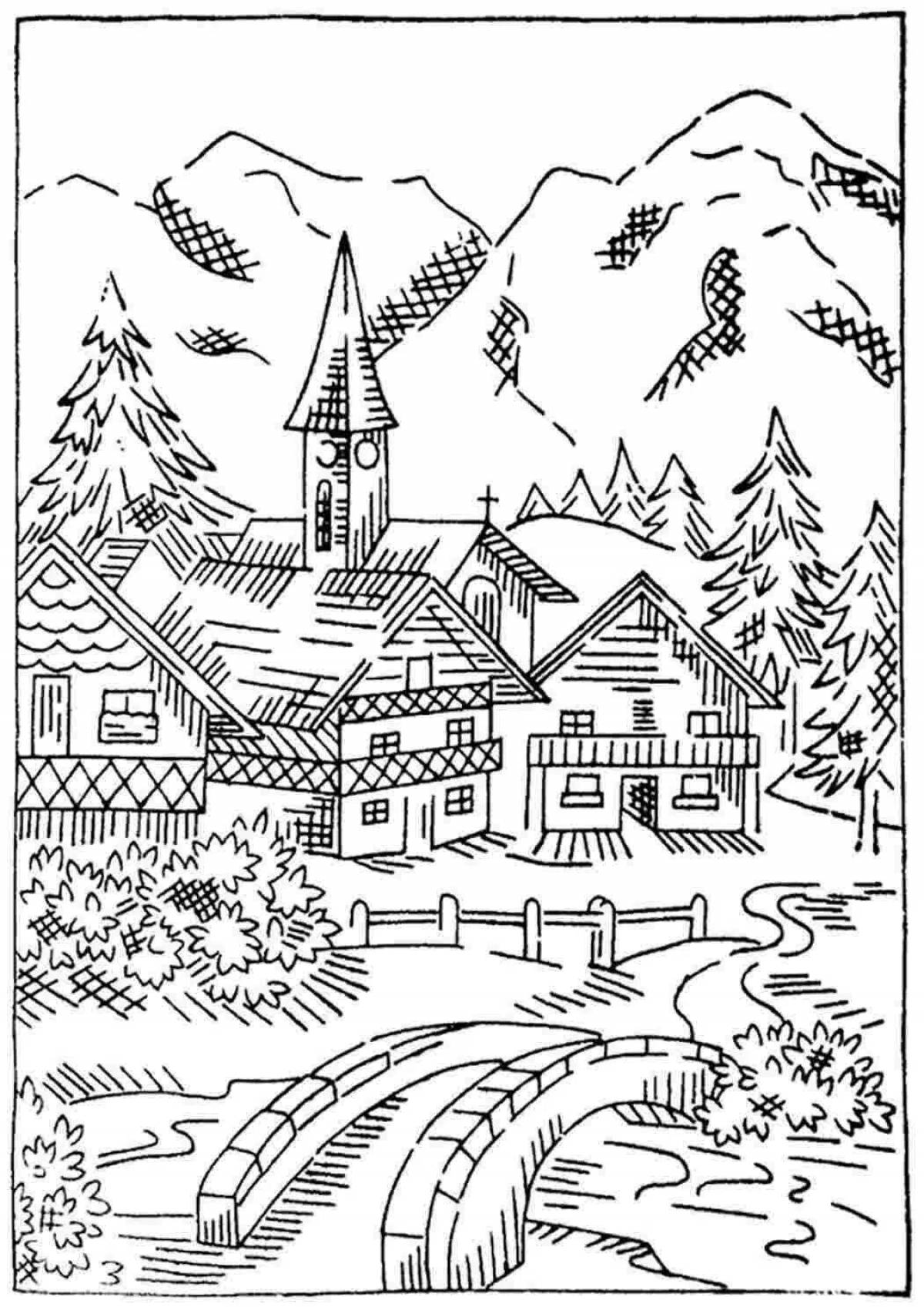 Colouring serene village