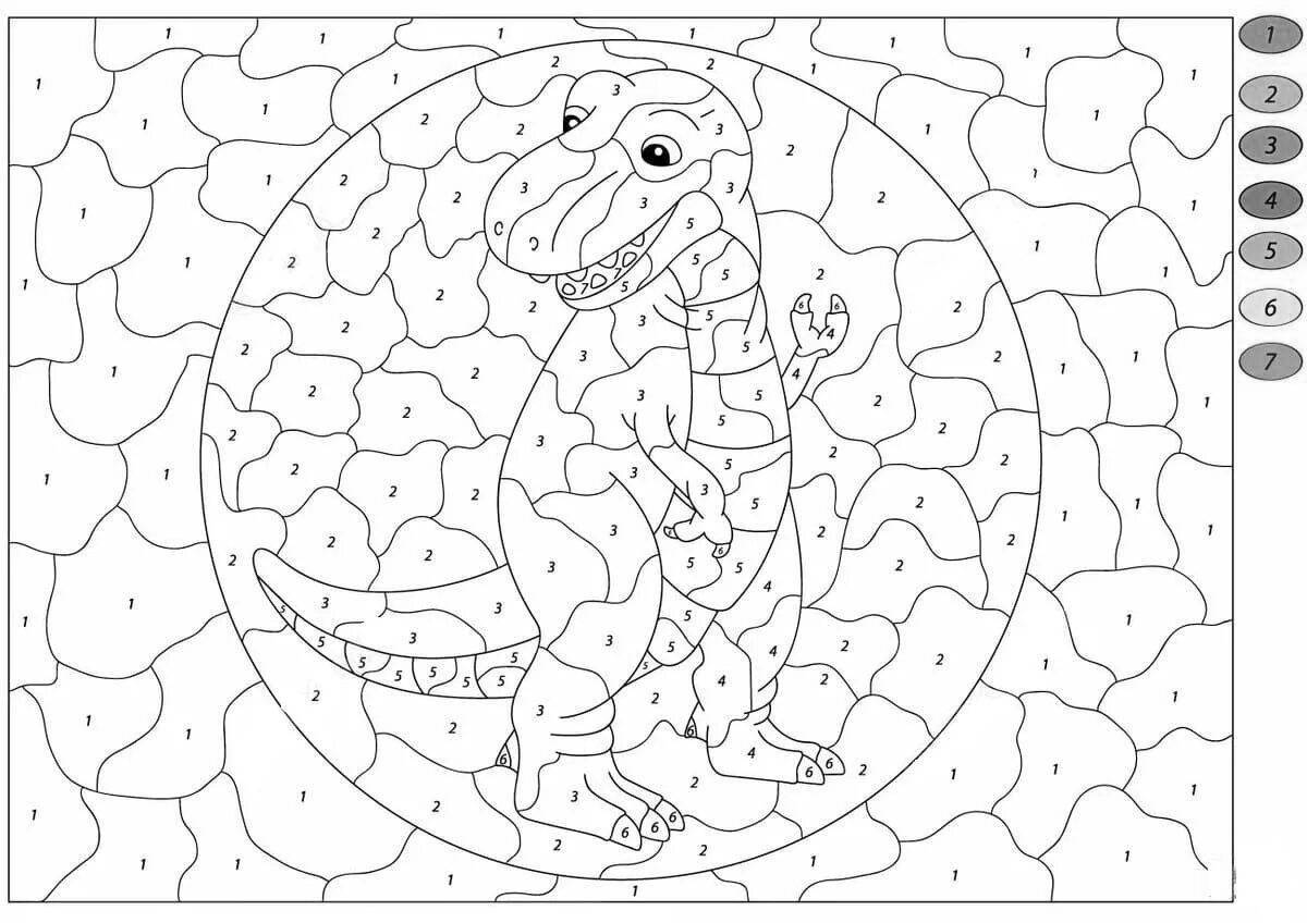 Colorful dinosaurs coloring by numbers
