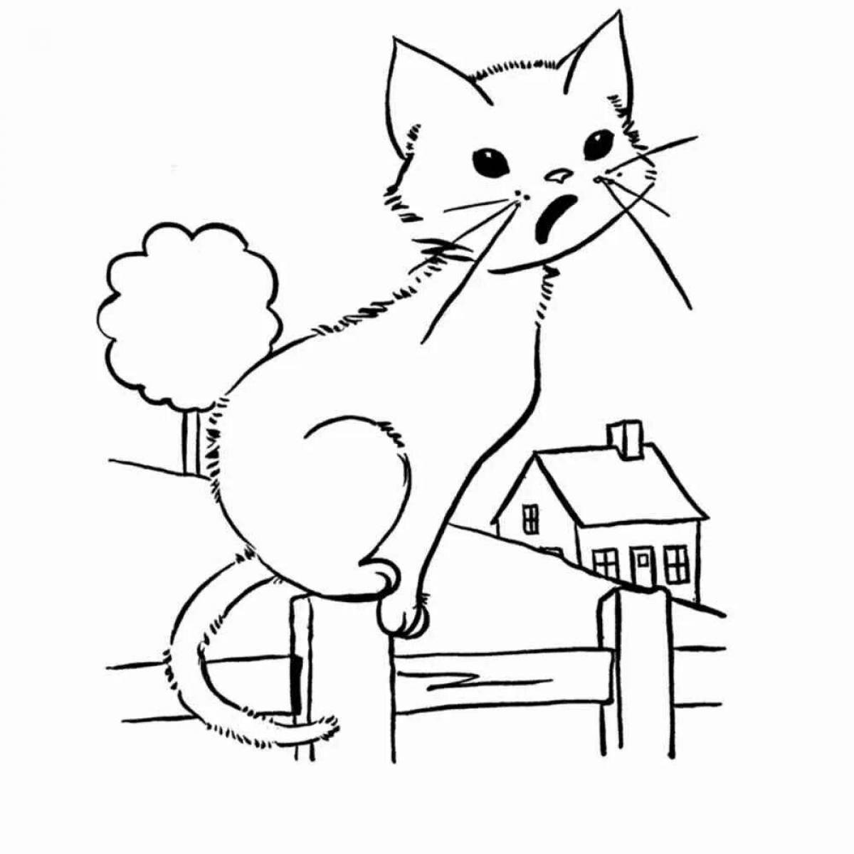 Coloring page fluffy kitten in the house