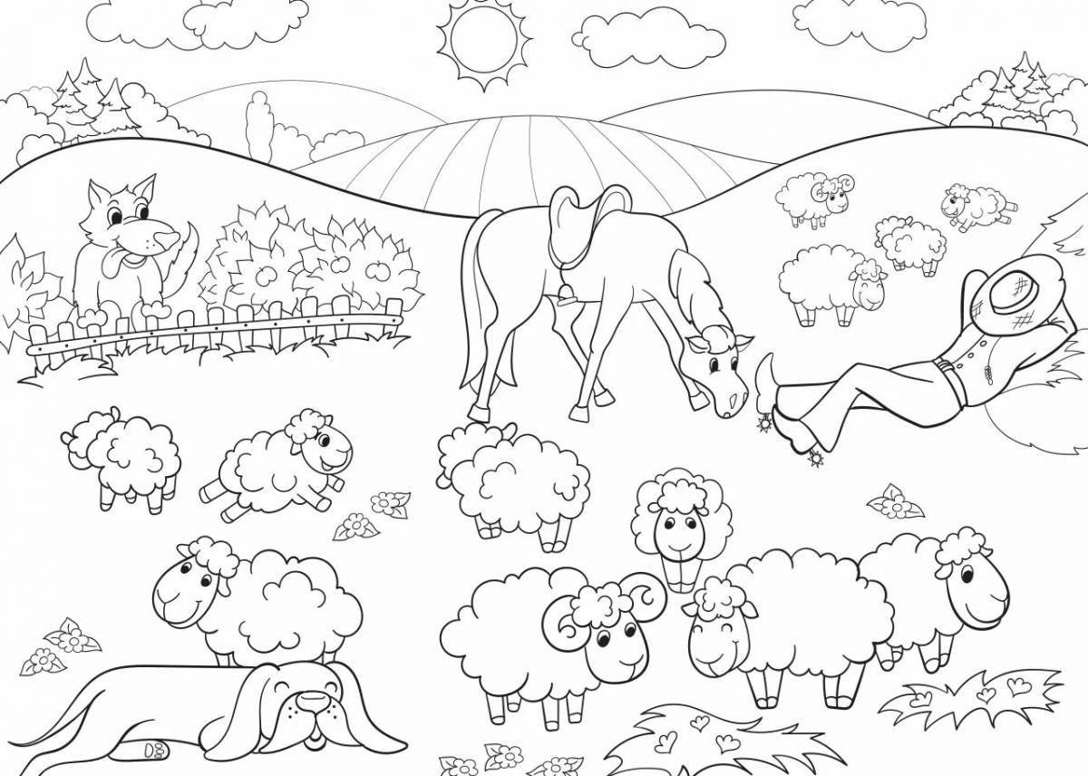 Coloring page joyful lamb and wolf