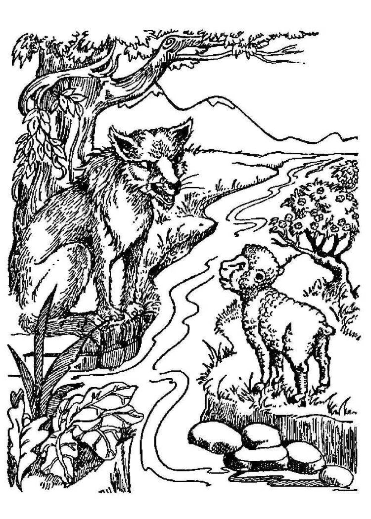 Humorous coloring book lamb and wolf