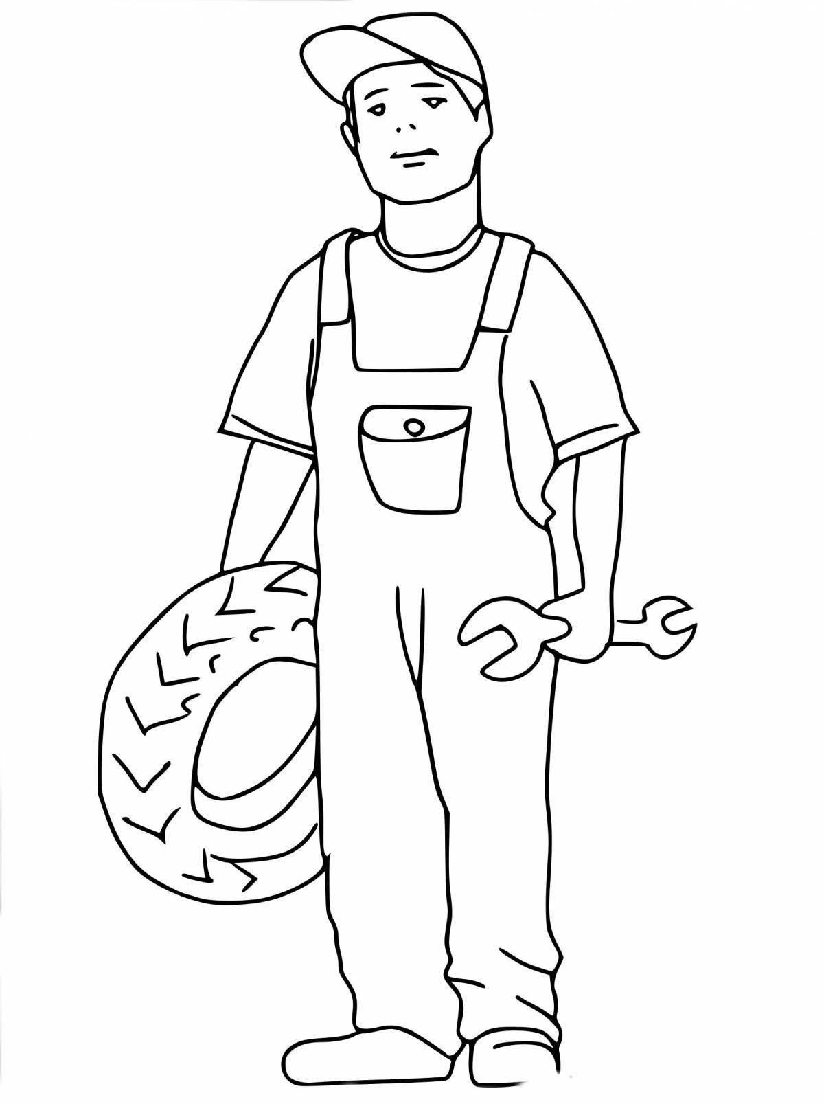 Coloring book funny car mechanic for kids