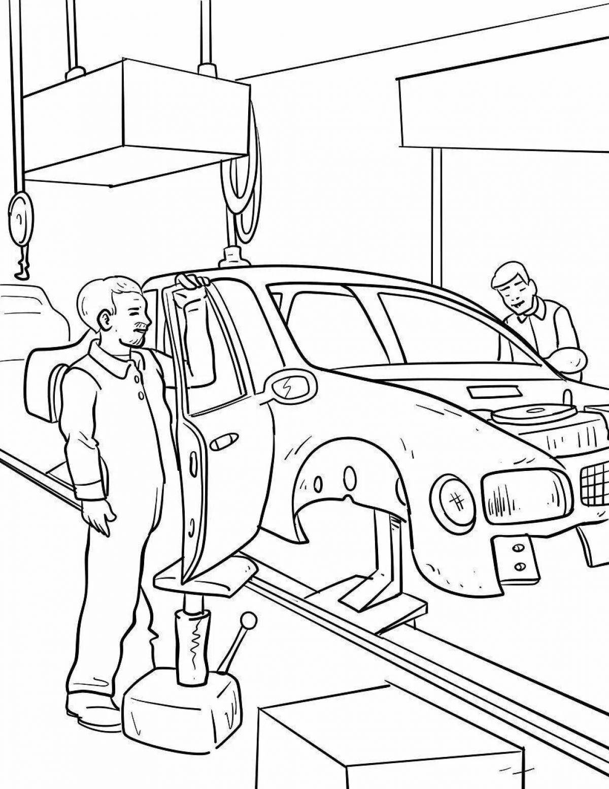 Playful car mechanic coloring page for kids