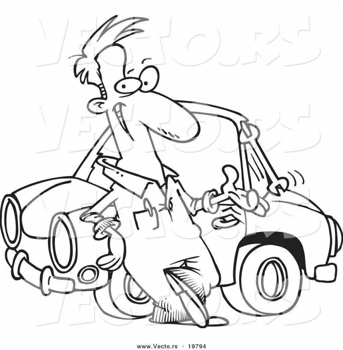 Animated car mechanic coloring page for kids