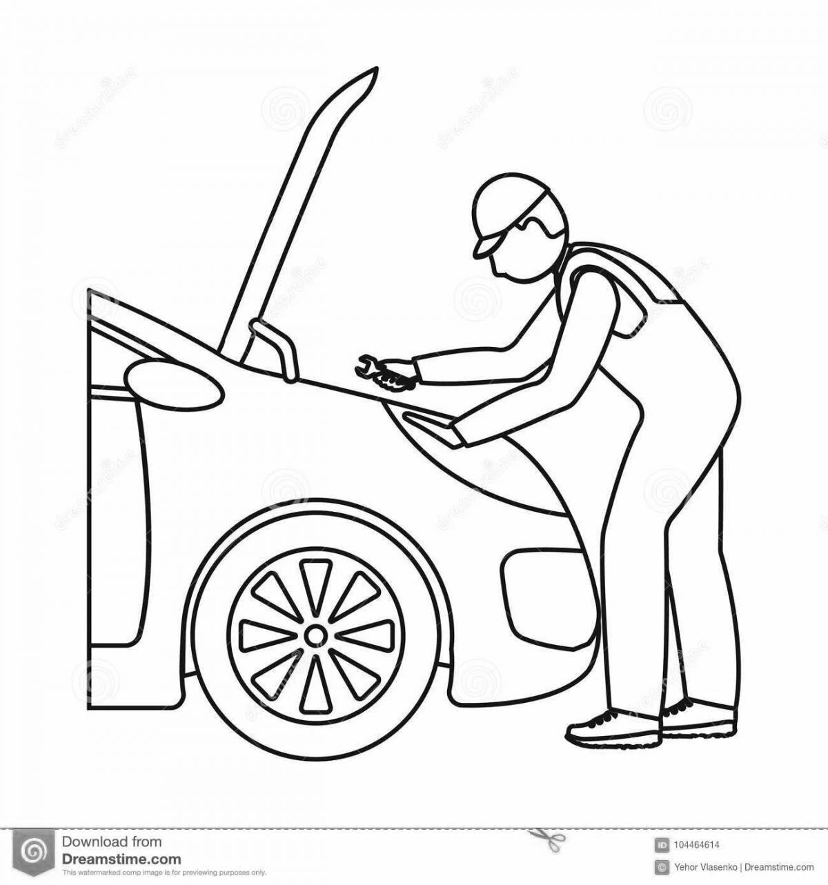 Glowing car mechanic coloring page for kids