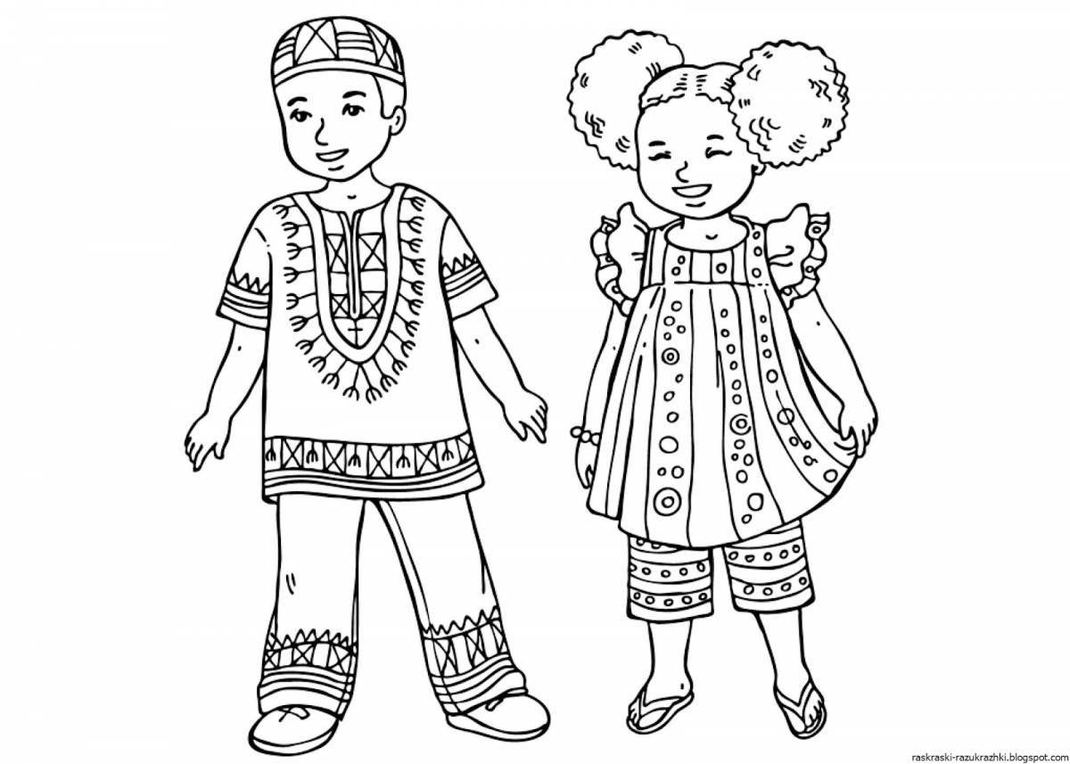 Coloring book playful Tatar folk costume