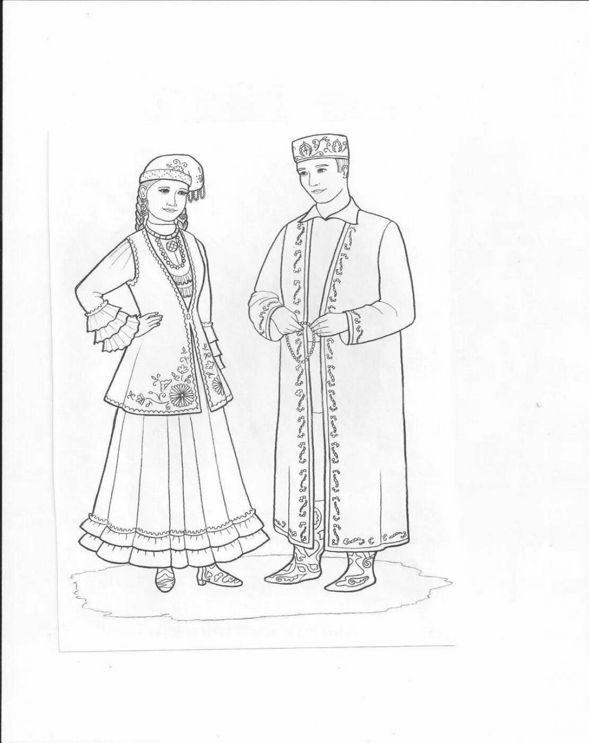 Fancy Tatar folk costume coloring page