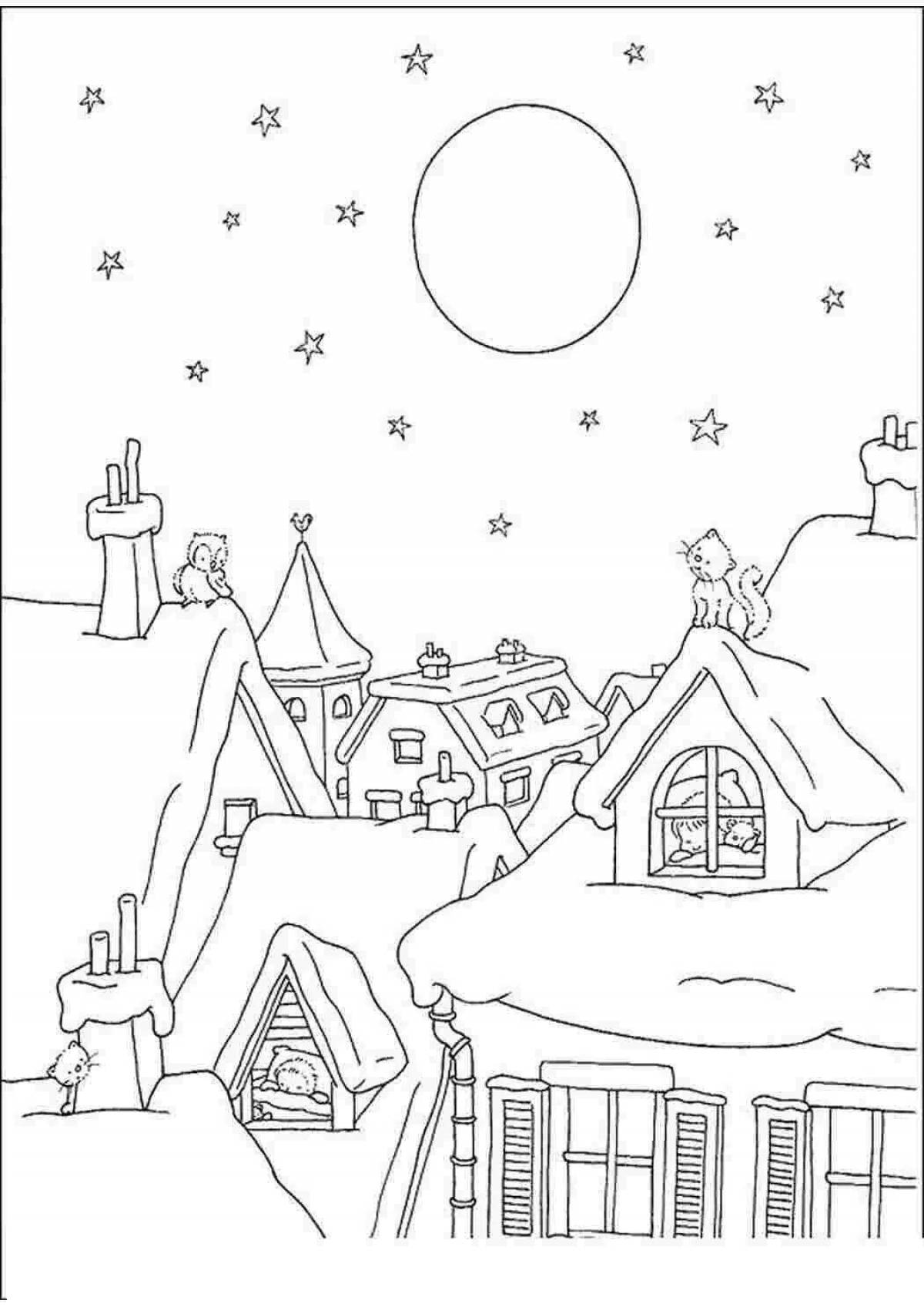 Blissful coloring drawing of a winter evening