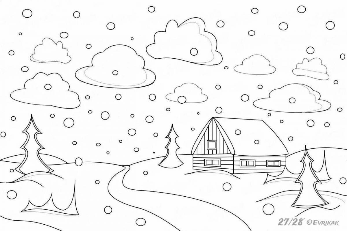 Calming coloring picture of a winter evening