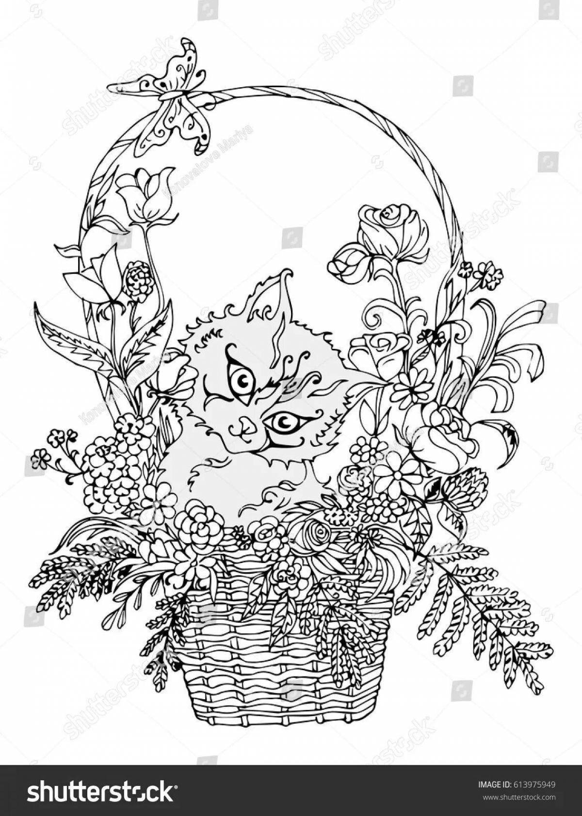 Котик с корзиной цветов раскраска