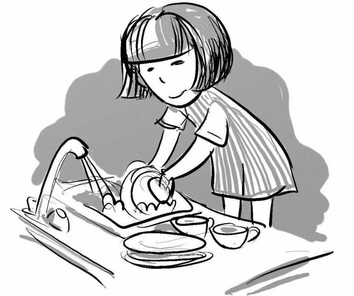 Няня моет посуду. Раскраска мытье посуды для детей. Рисунок на тему хороший поступок. Раскраска девочка моет посуду. Раскраска домашние дела.