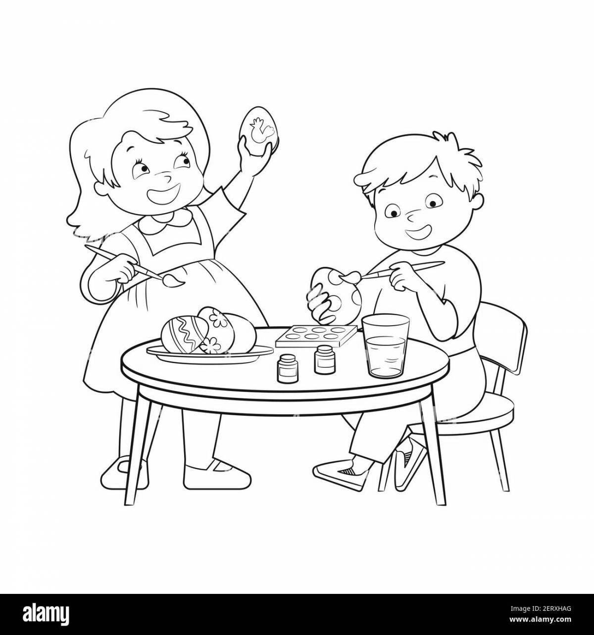 Мальчик и девочка за столом раскраска