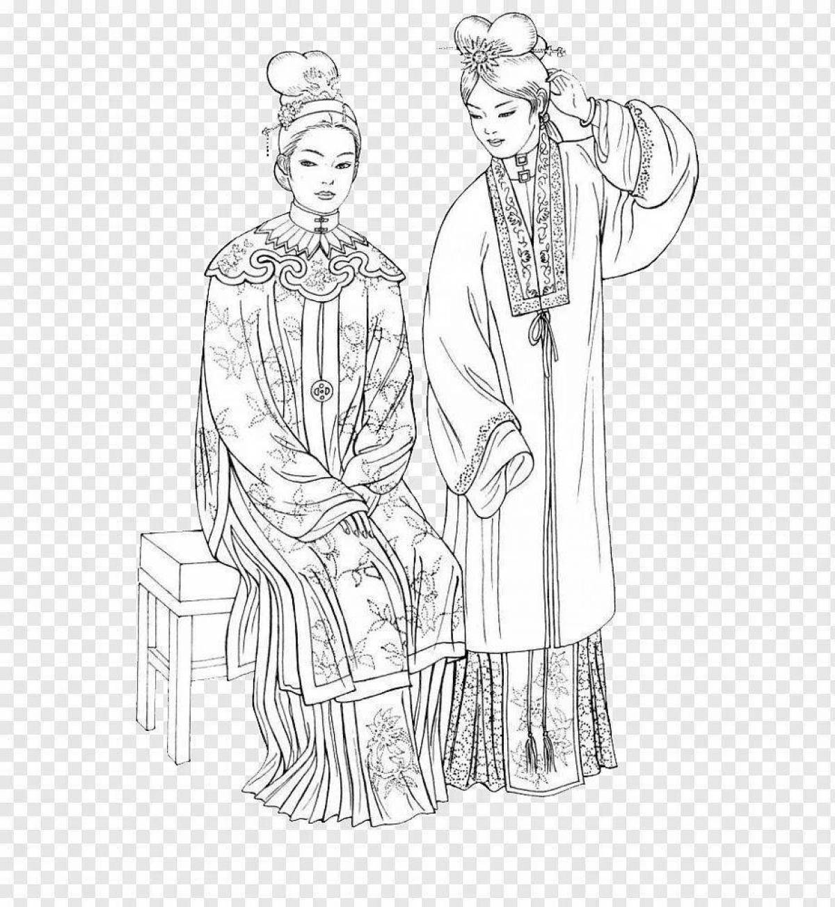 Colouring colorful Chinese folk clothes
