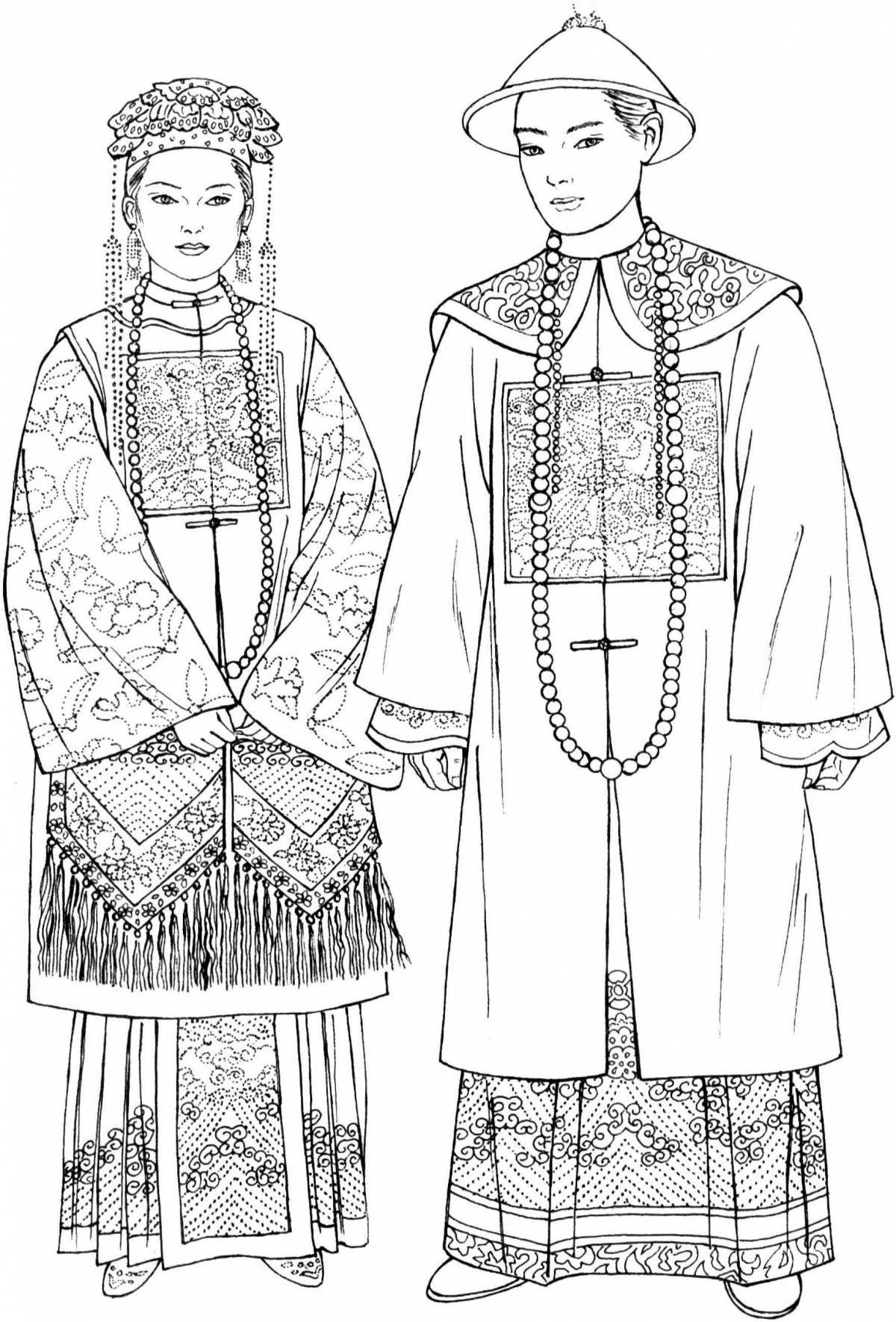 Coloring book bright Chinese folk clothes