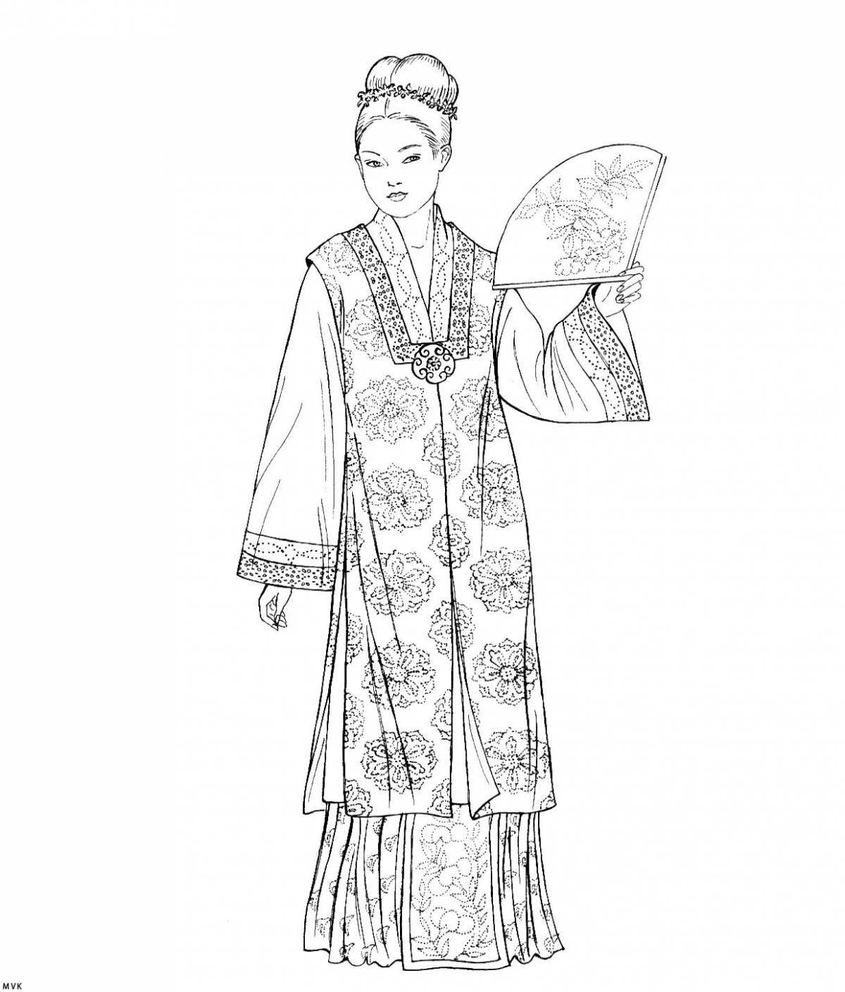 Раскраска великолепная китайская народная одежда