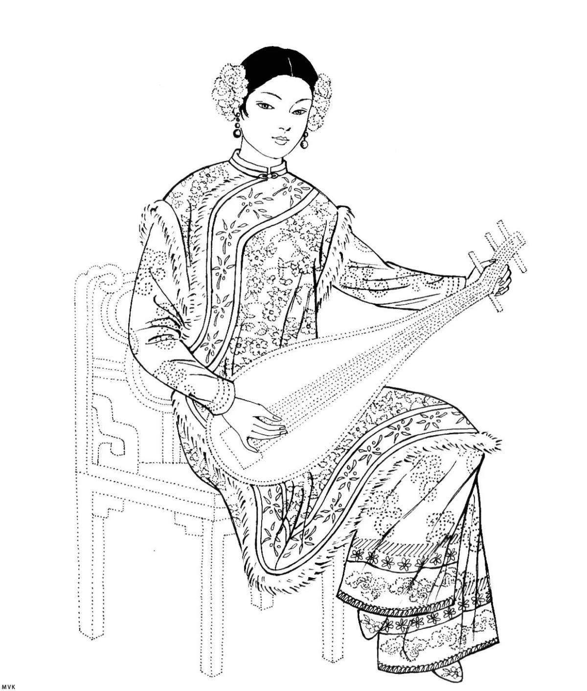 Раскраска величественная китайская народная одежда
