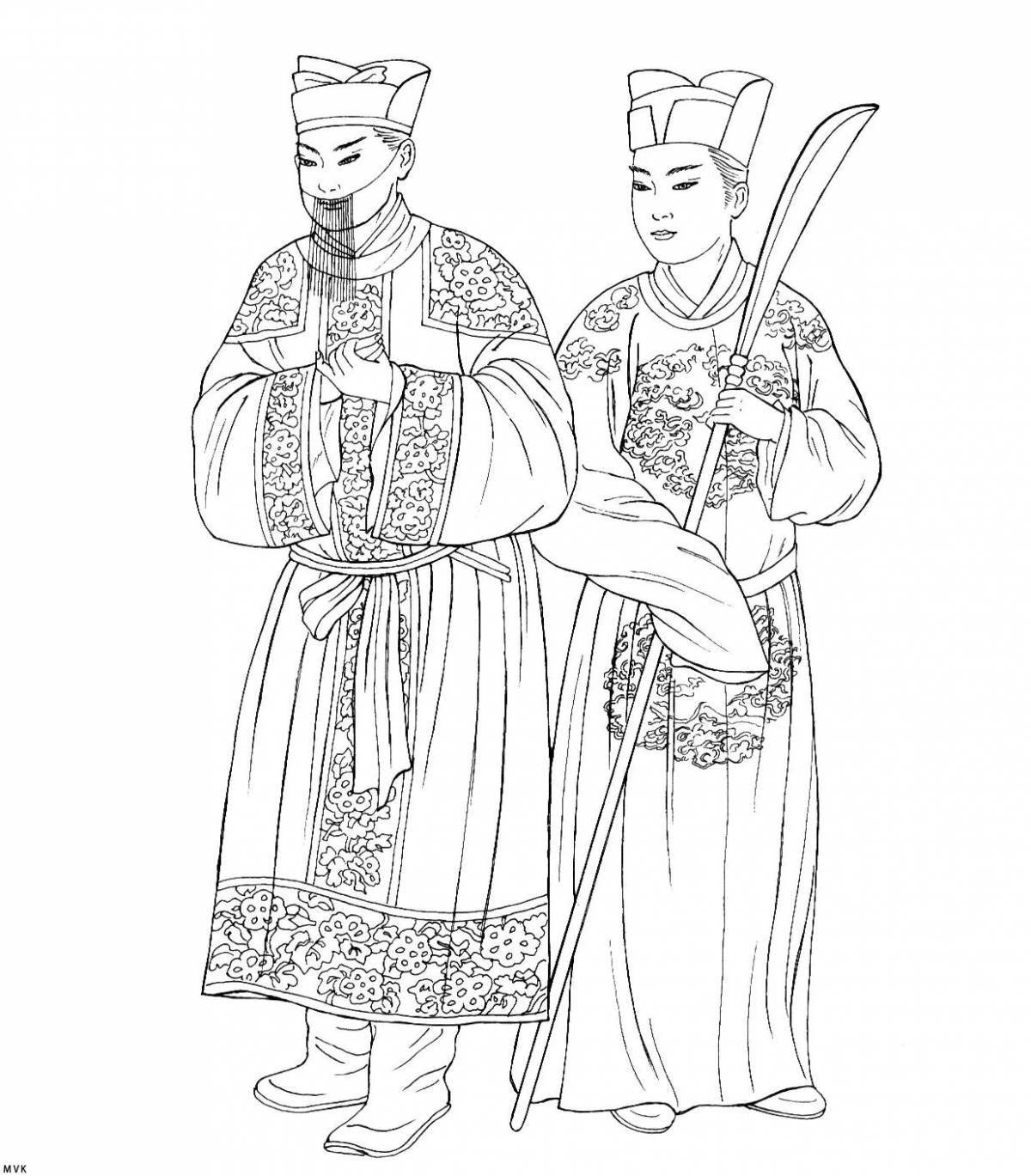 Coloring book luxurious Chinese folk clothes