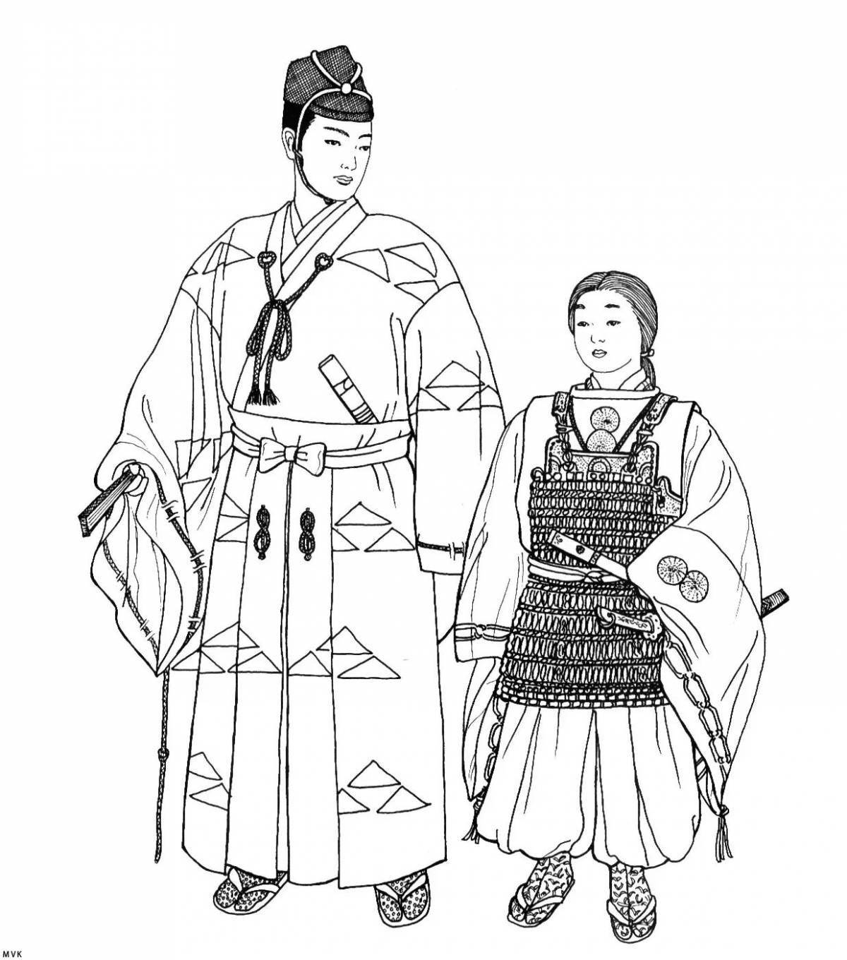 Coloring page joyful chinese national clothes