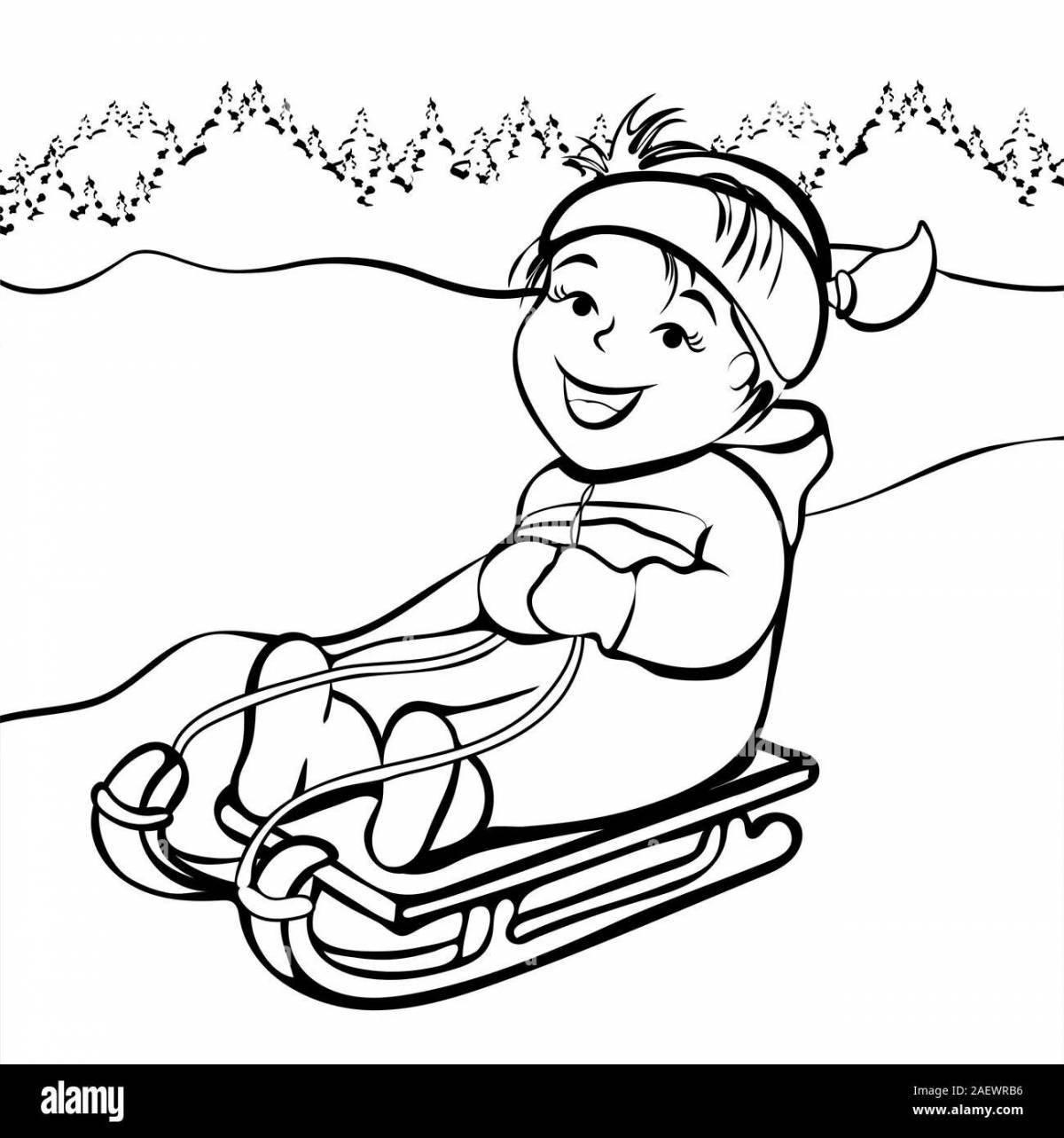 Playful children's coloring on a sled